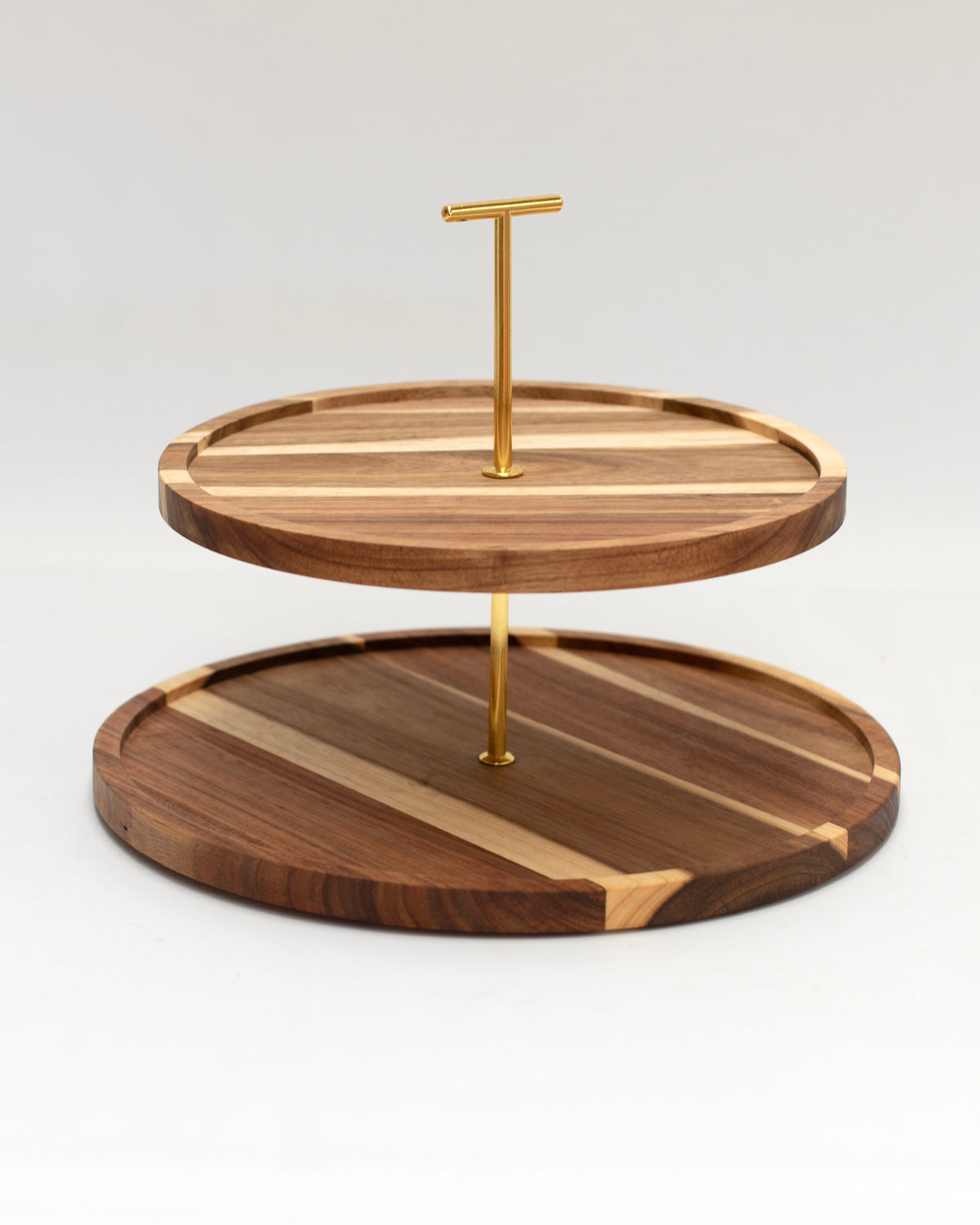 Acacia Wood 2-Tier Serving Stand with Gold Handle