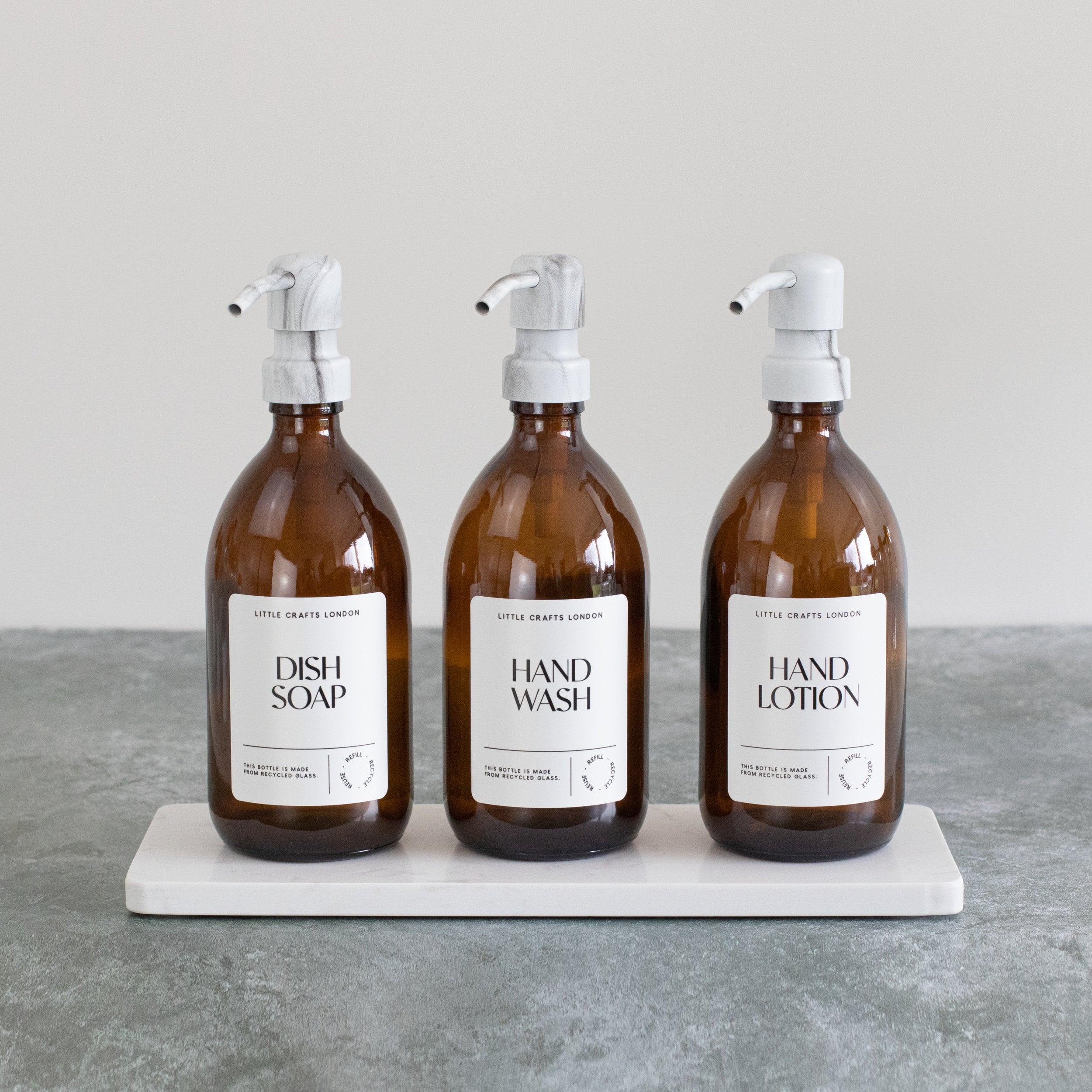 (Limited Availability) Set of 3 Reusable Amber Glass Bottles 500 ML with Stainless Steel Pump and Long Tray