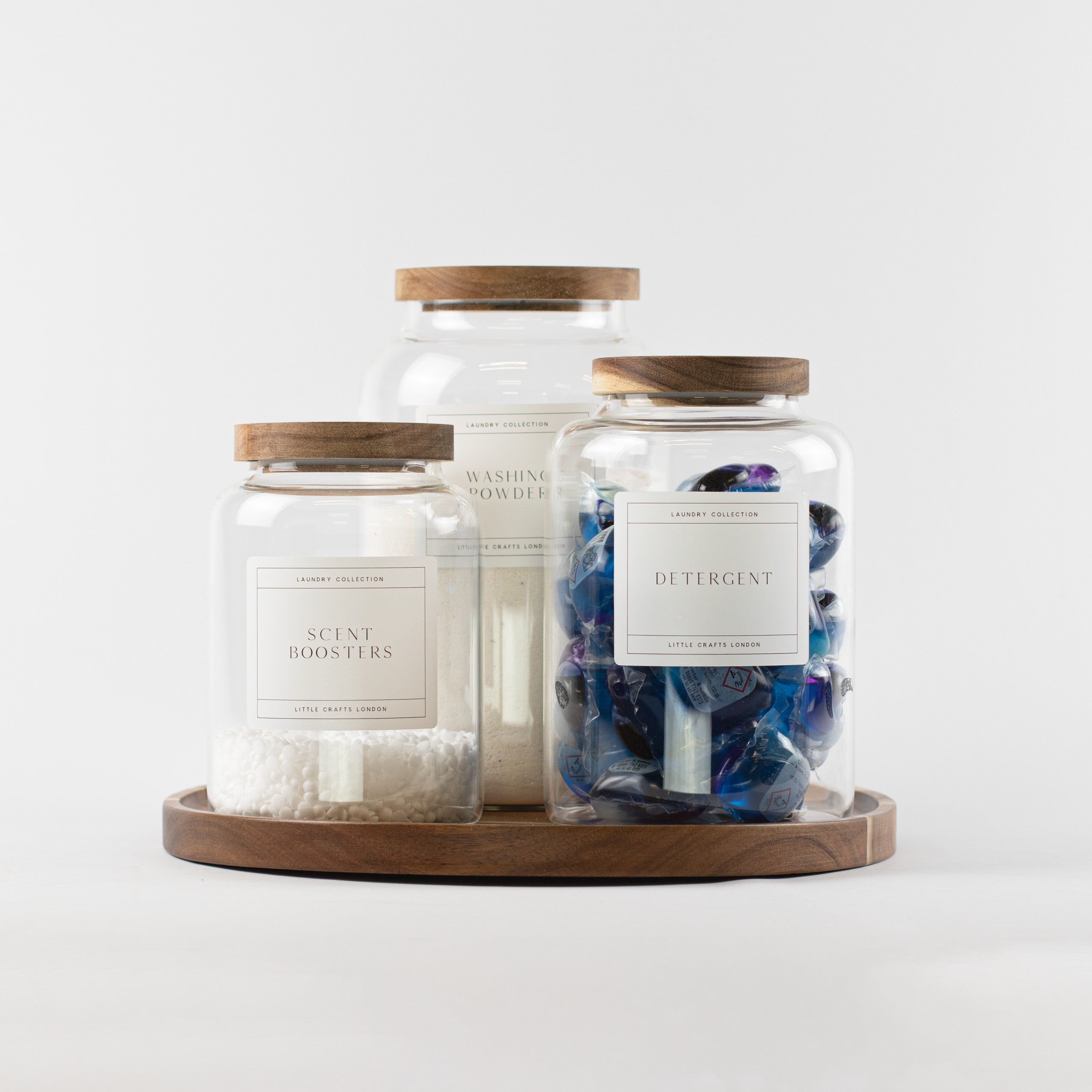 Set of 3 Acacia Large Laundry Jars & Round Acacia 31.5 CM Diameter Tray - Little Crafts London