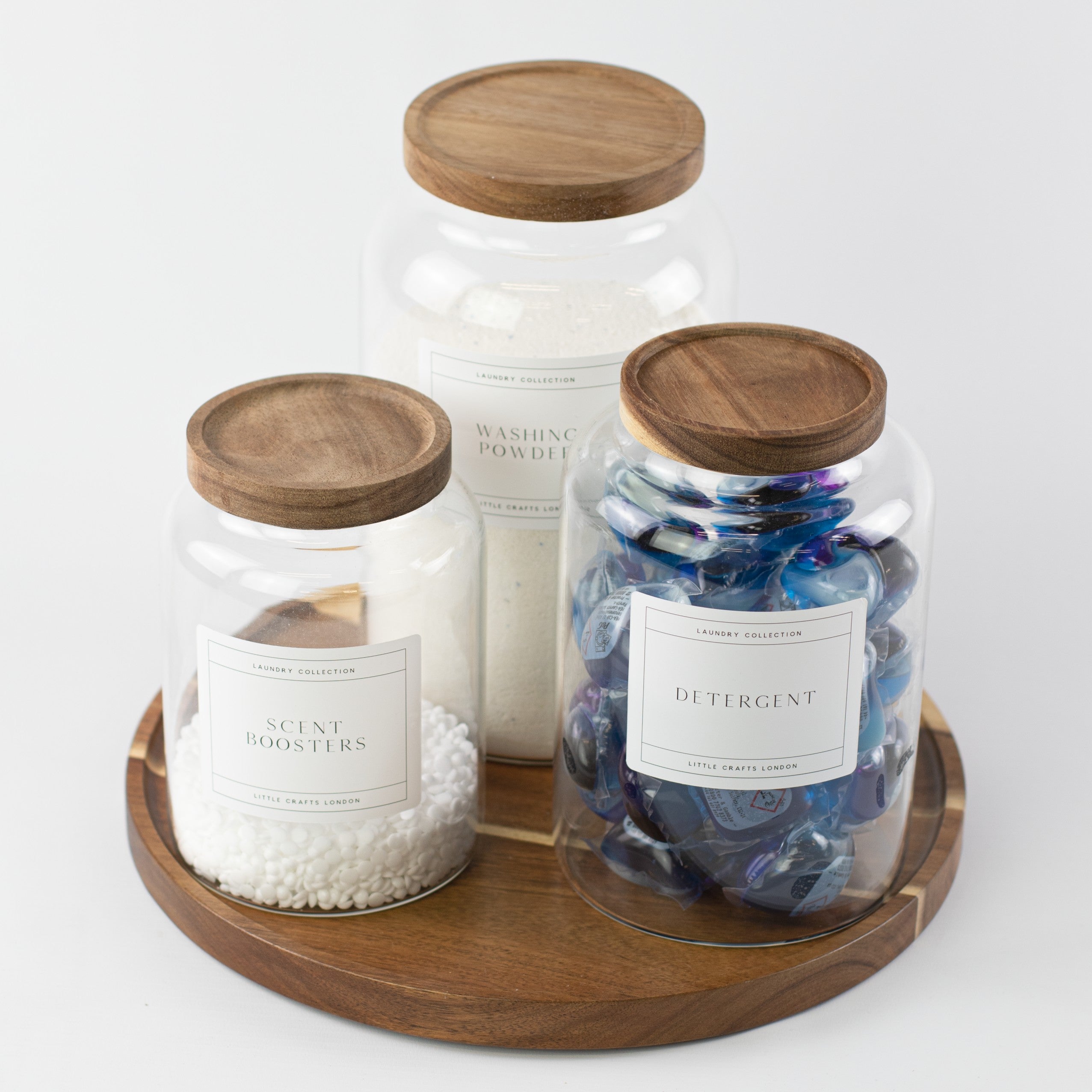 Set of 3 Acacia Large Laundry Jars & Round Acacia 31.5 CM Diameter Tray - Little Crafts London