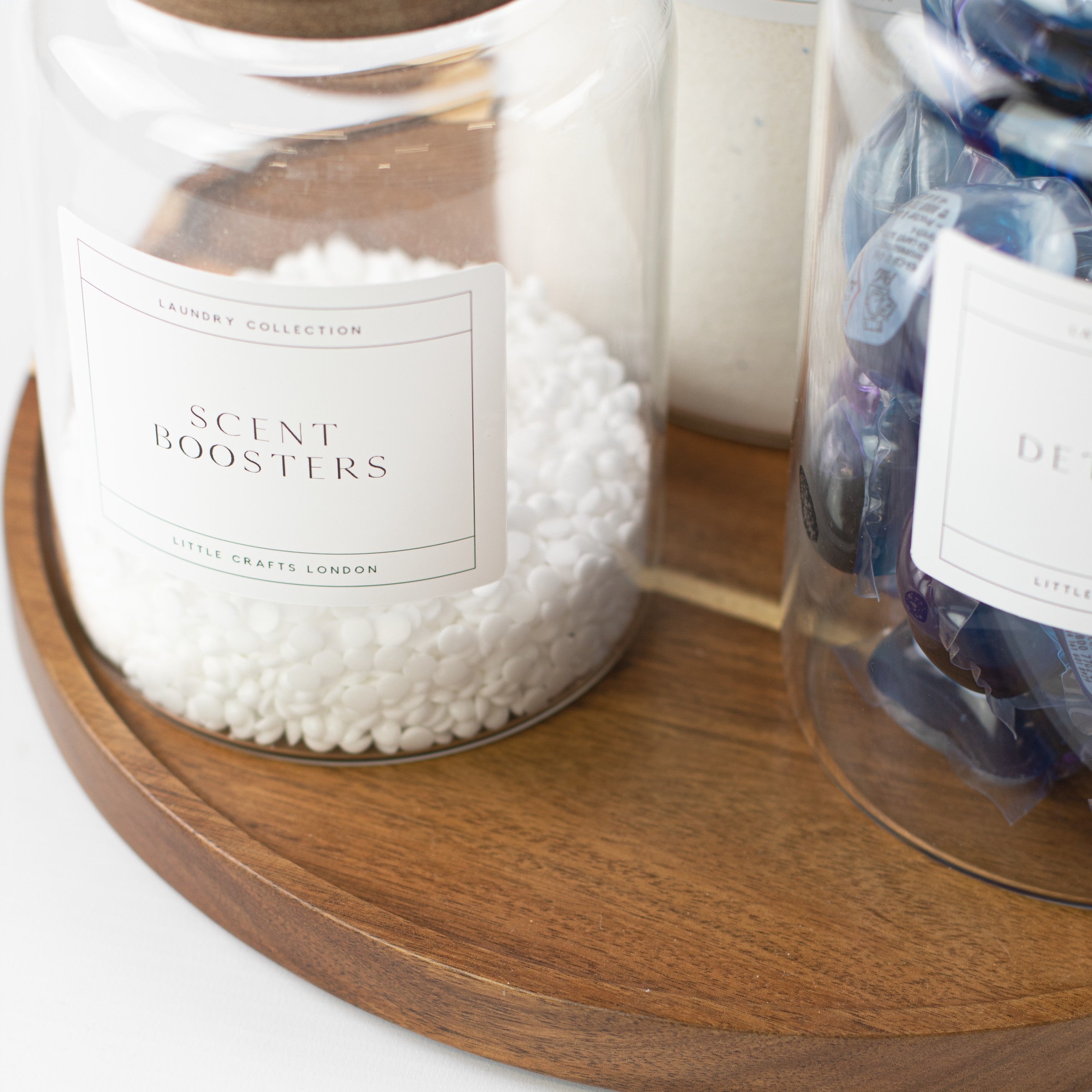 Set of 3 Acacia Large Laundry Jars & Round Acacia 31.5 CM Diameter Tray - Little Crafts London