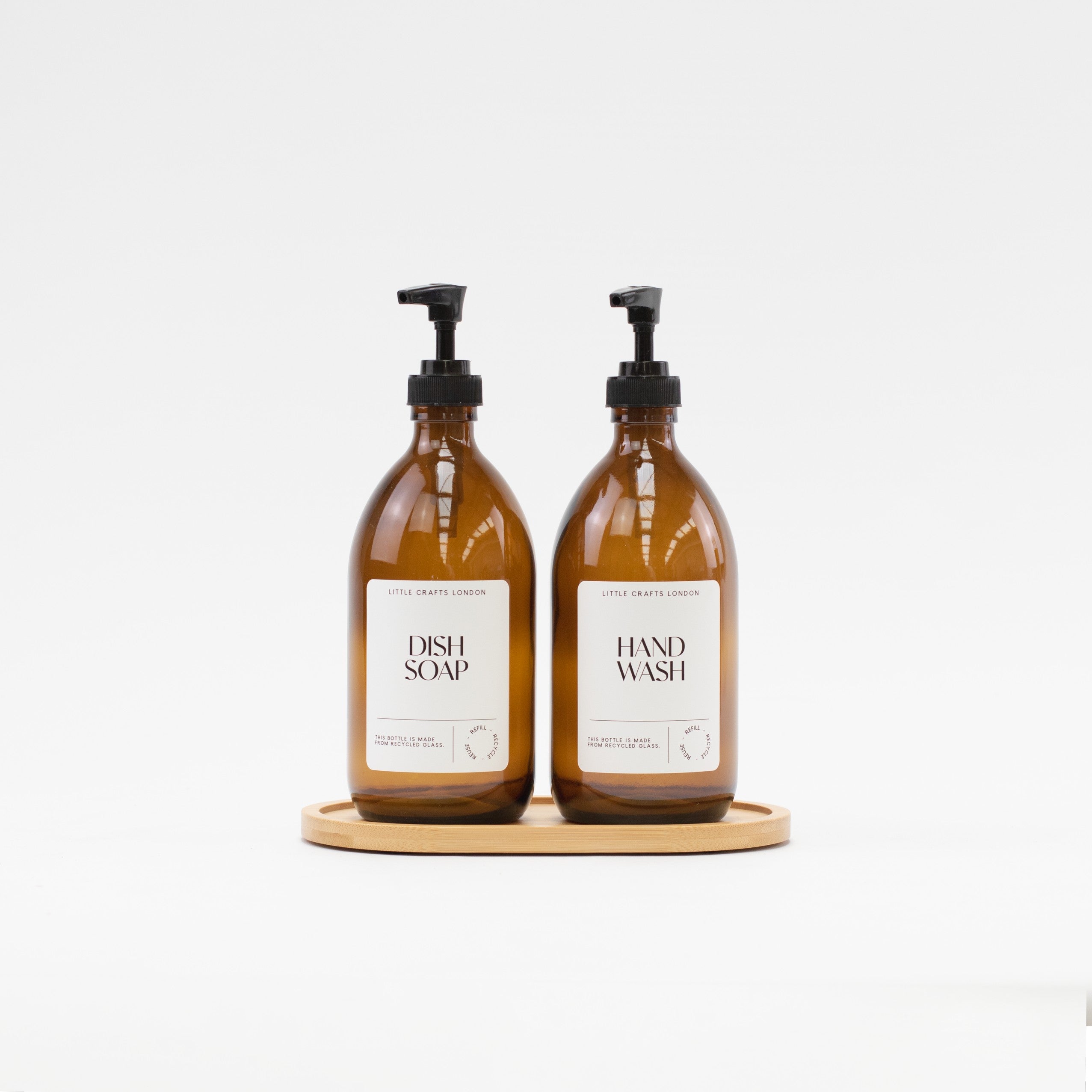 Set of 2 Amber Glass Bottles (Black Plastic Pump) & Bamboo Tray - Little Crafts London