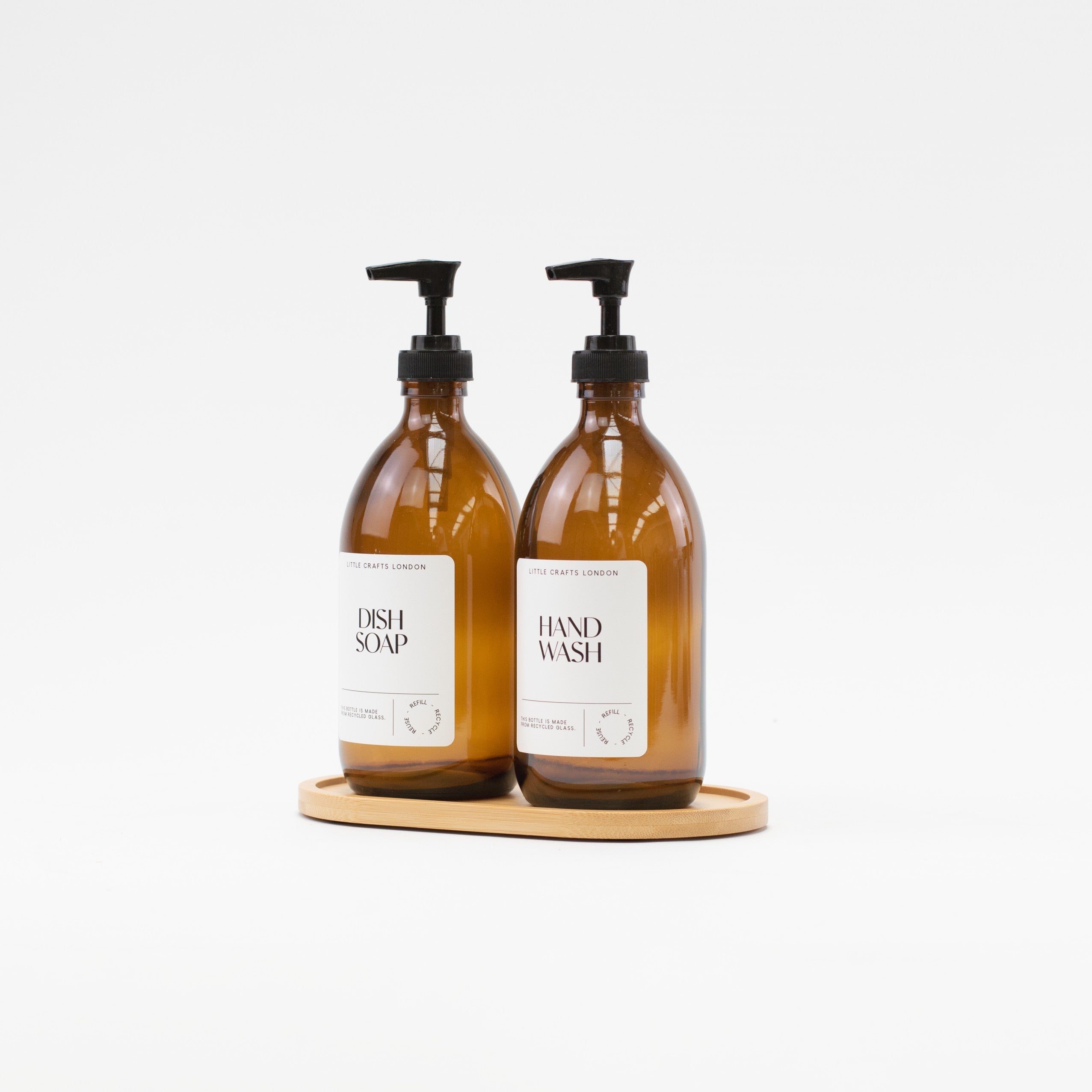 Set of 2 Amber Glass Bottles (Black Plastic Pump) & Bamboo Tray - Little Crafts London