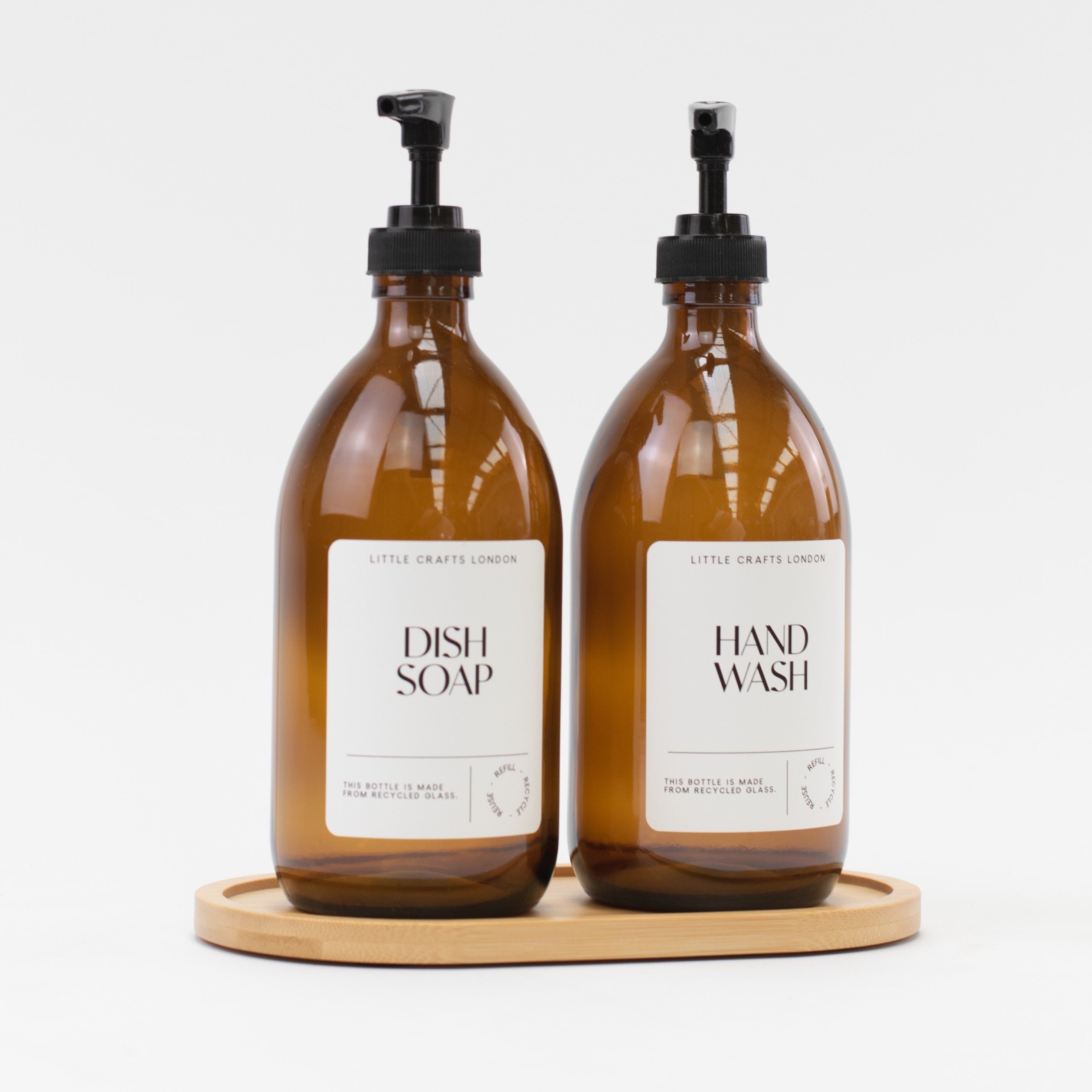 Set of 2 Amber Glass Bottles (Black Plastic Pump) & Bamboo Tray - Little Crafts London
