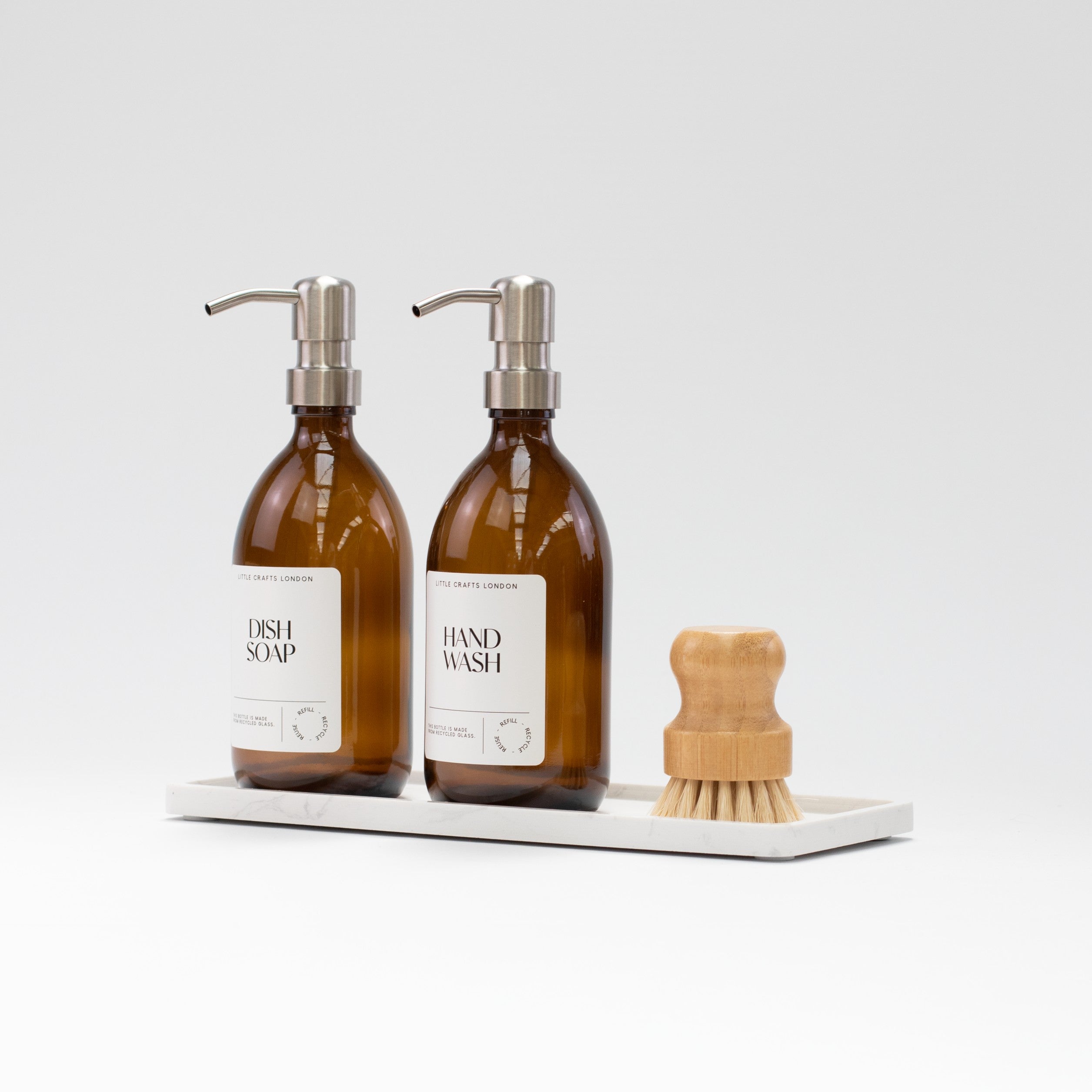Set of 2 Amber Glass Bottles 500 ML Long tray & Dish Brush - Little Crafts London