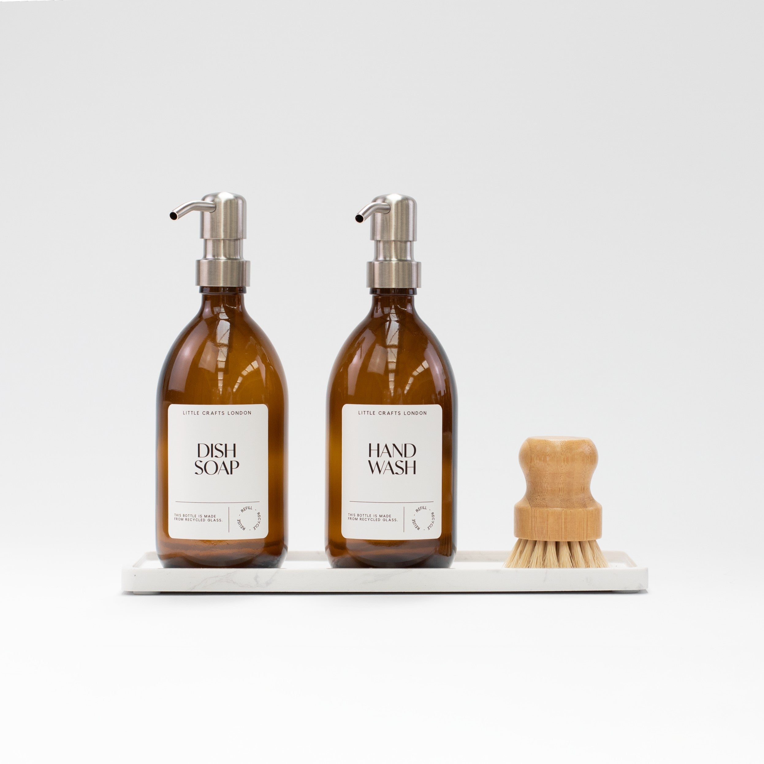 Set of 2 Amber Glass Bottles 500 ML Long tray & Dish Brush - Little Crafts London