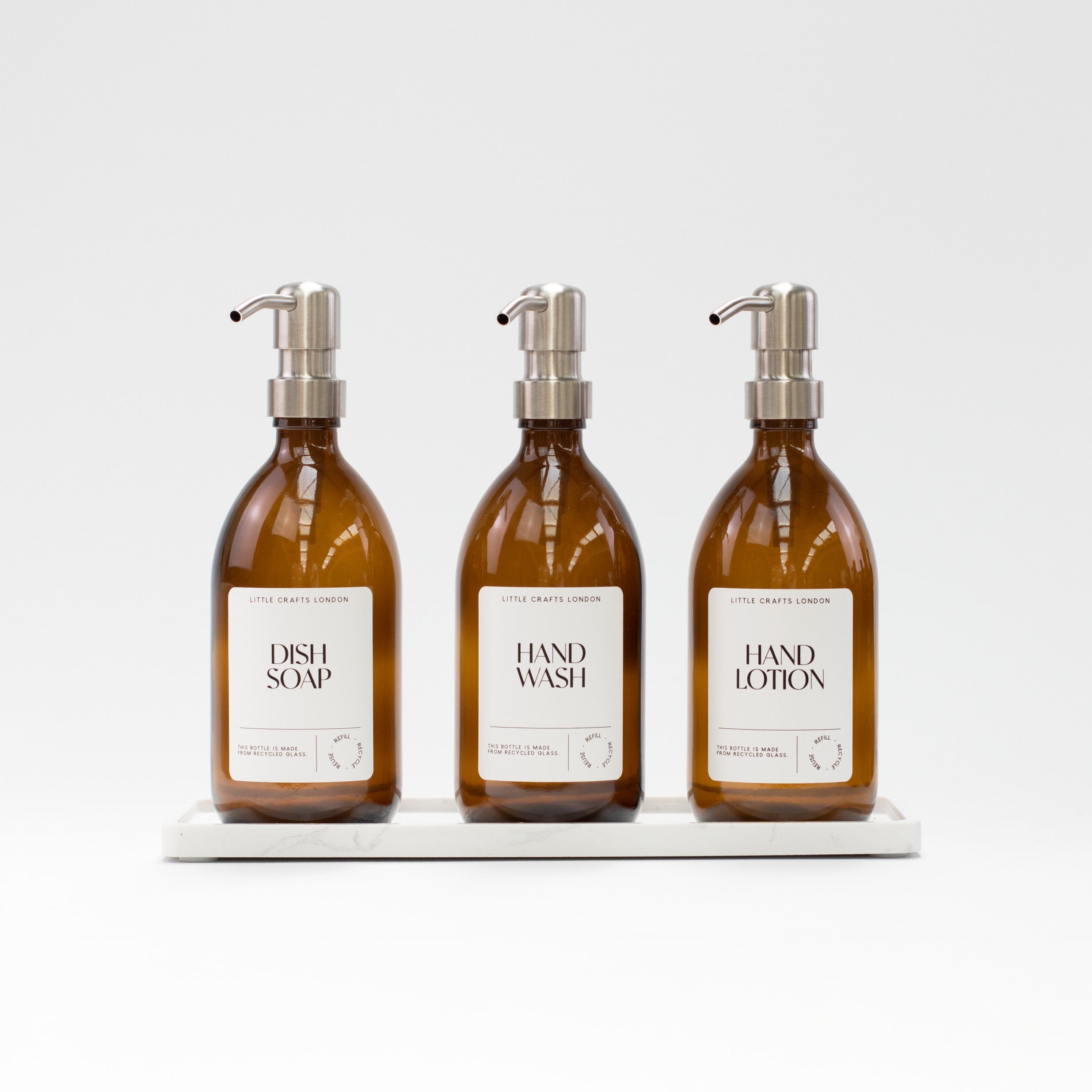 Set of 3 Reusable Amber Glass Bottles 500 ML with Stainless Steel Pump and Long Tray - Little Crafts London