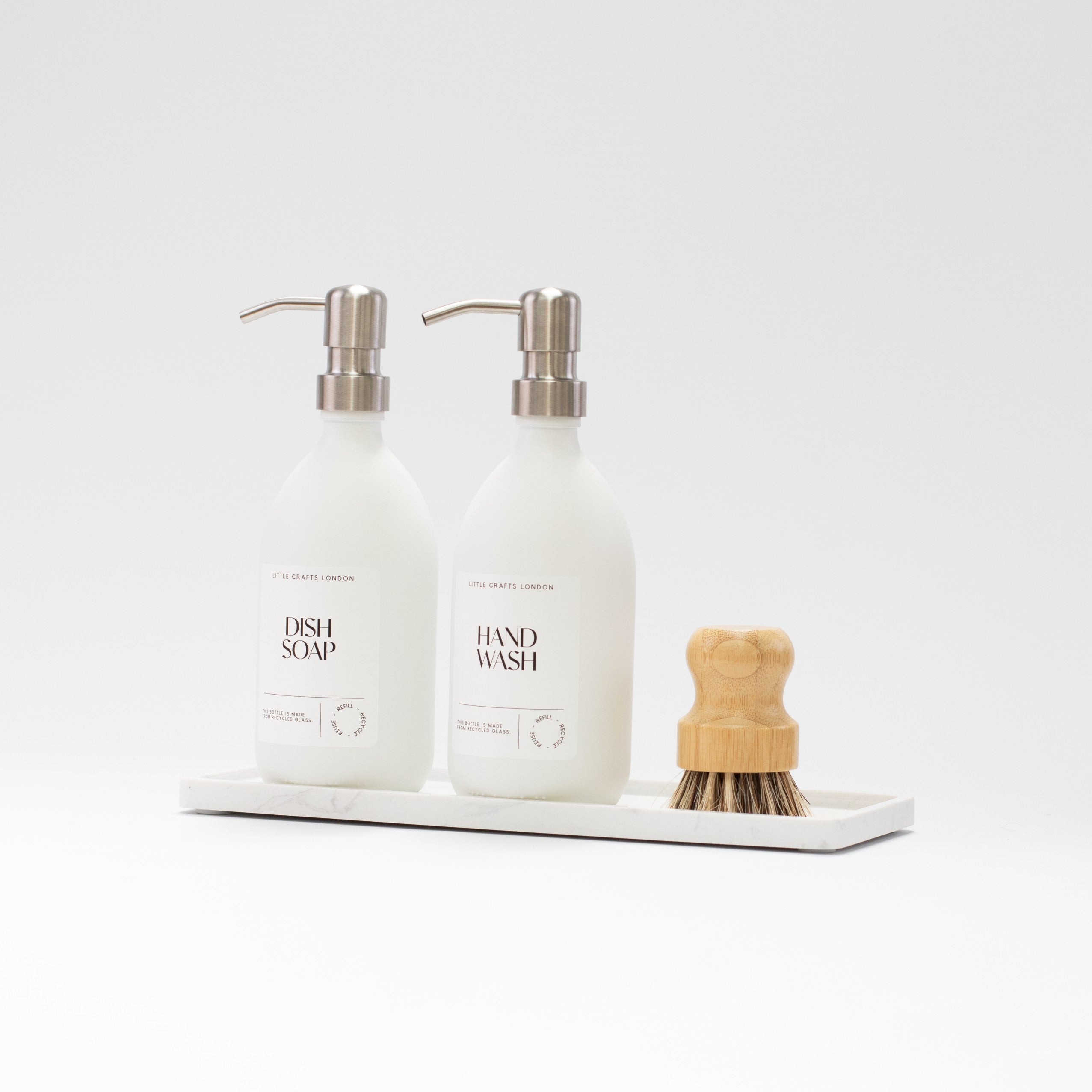 Set of 2 Milky White Glass Bottles 500 ML Long Rectangle Tray & Dish Brush - Little Crafts London