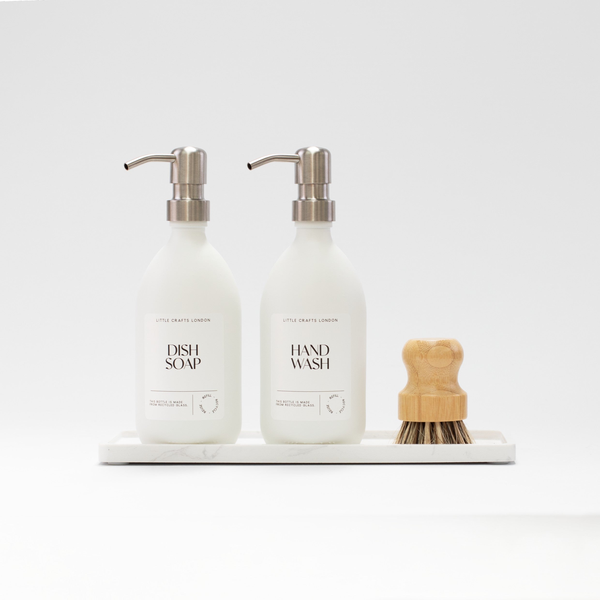 Set of 2 Milky White Glass Bottles 500 ML Long Rectangle Tray & Dish Brush - Little Crafts London