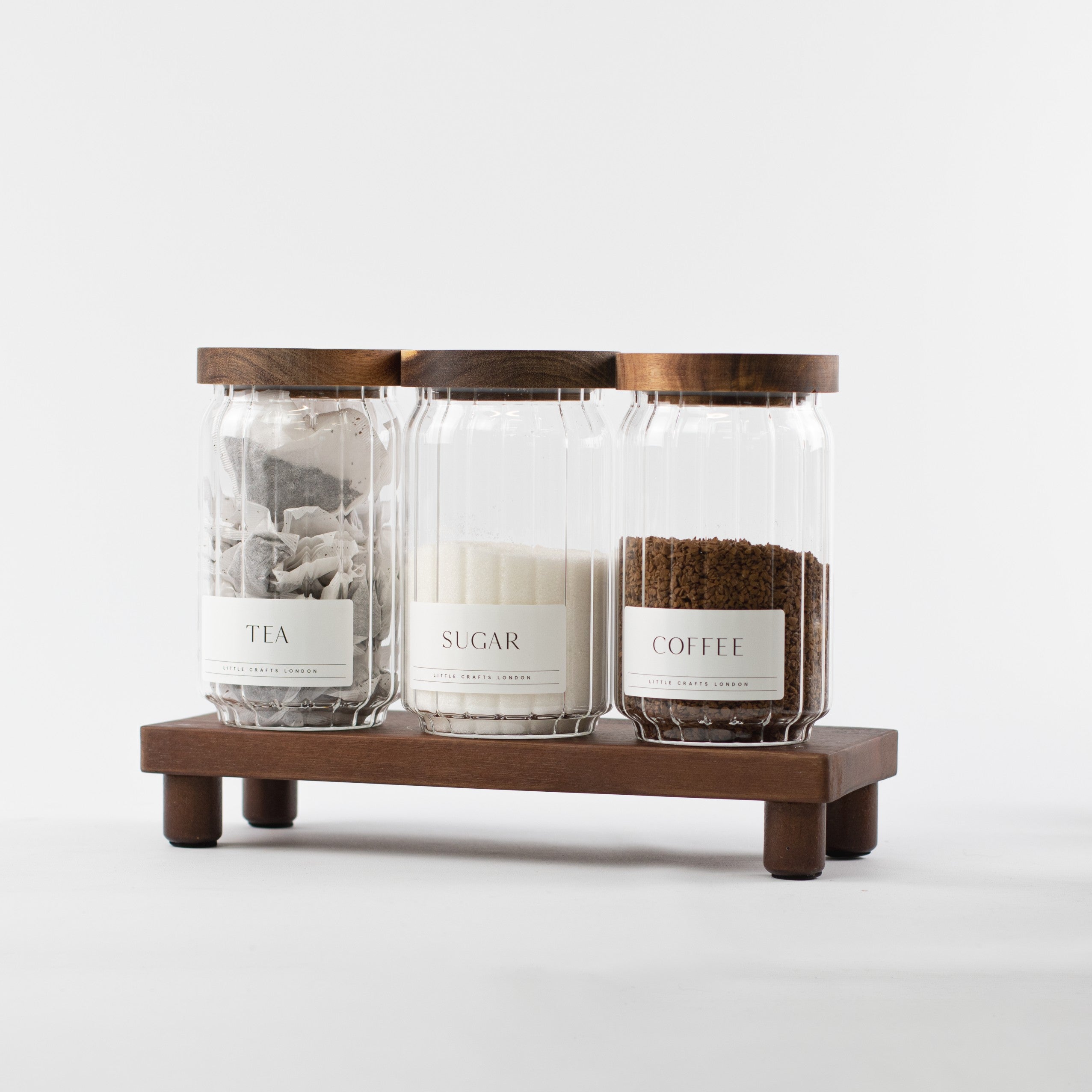 Ribbed Set of 3 Acacia Glass Jars Tea, Coffee and Sugar 750 ML & Rectangle Tray - Little Crafts London