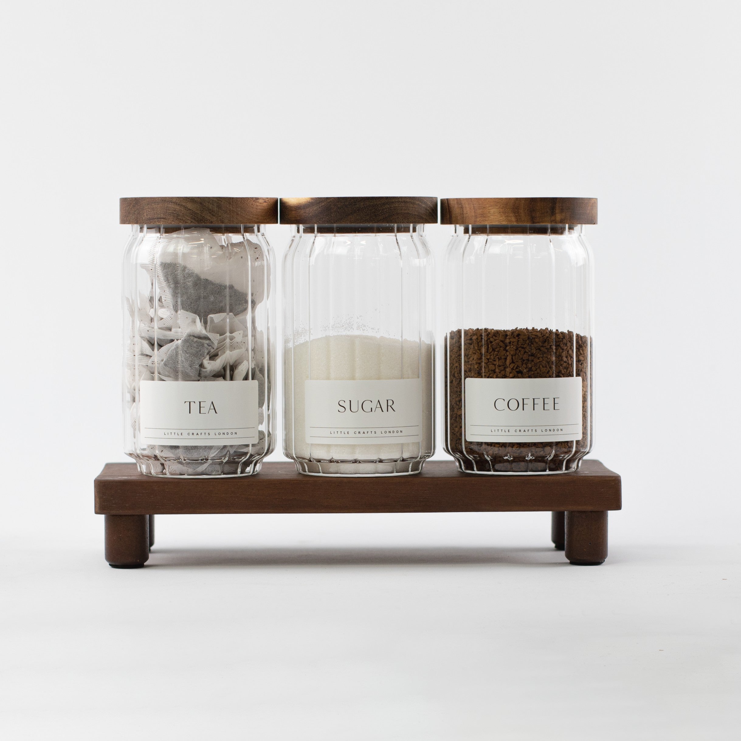 Ribbed Set of 3 Acacia Glass Jars Tea, Coffee and Sugar 750 ML & Rectangle Tray - Little Crafts London