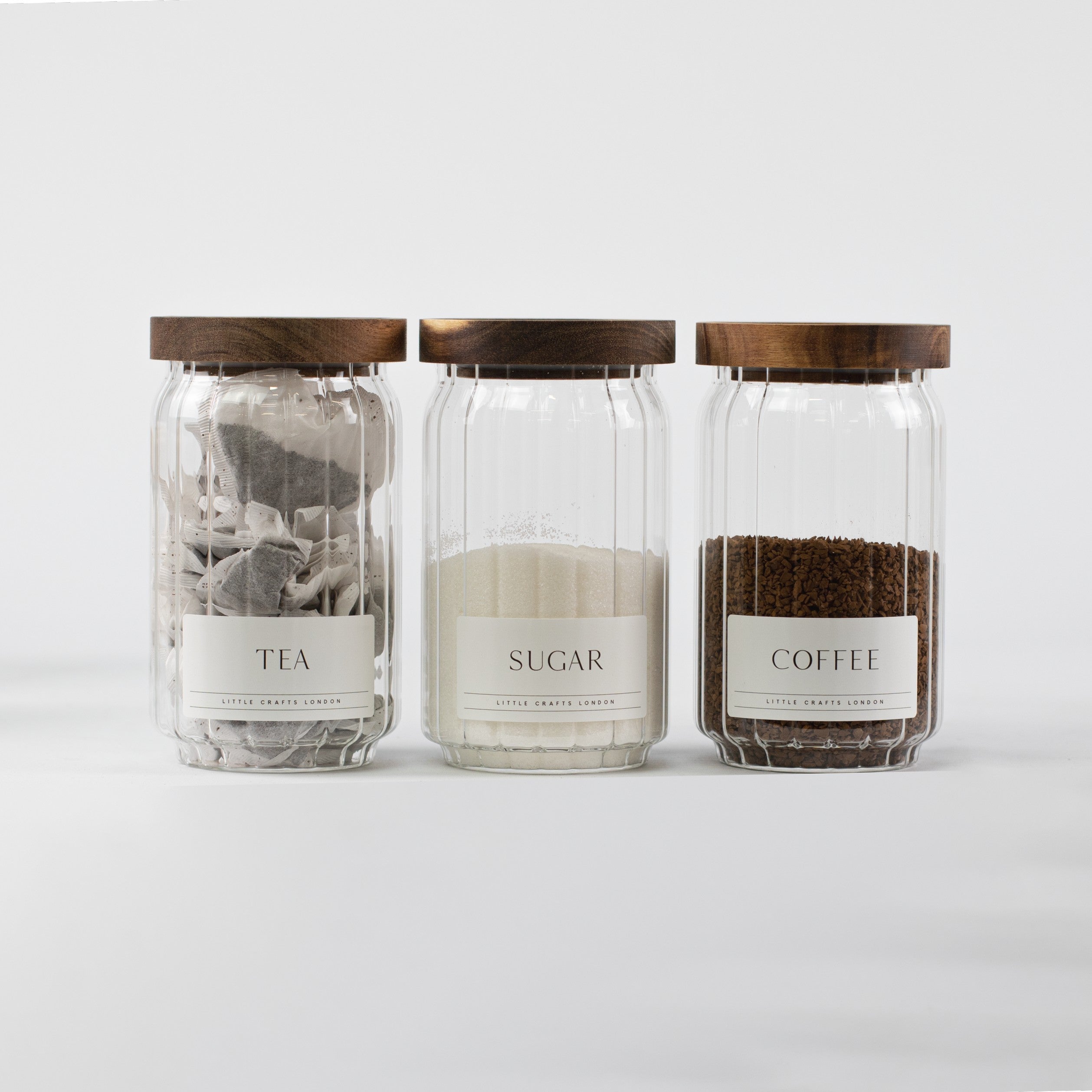 Ribbed Set of 3 Acacia Glass Jars Tea, Coffee and Sugar 750 ML & Rectangle Tray - Little Crafts London