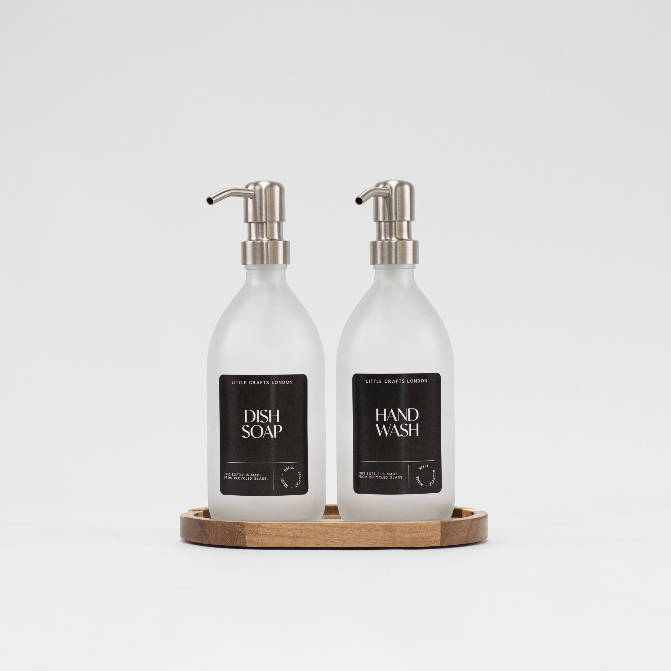 Set of 2 Frosted Clear Glass Bottle 500 ML with Stainless Steel Pump & Small Tray (Black Label) - Little Crafts London