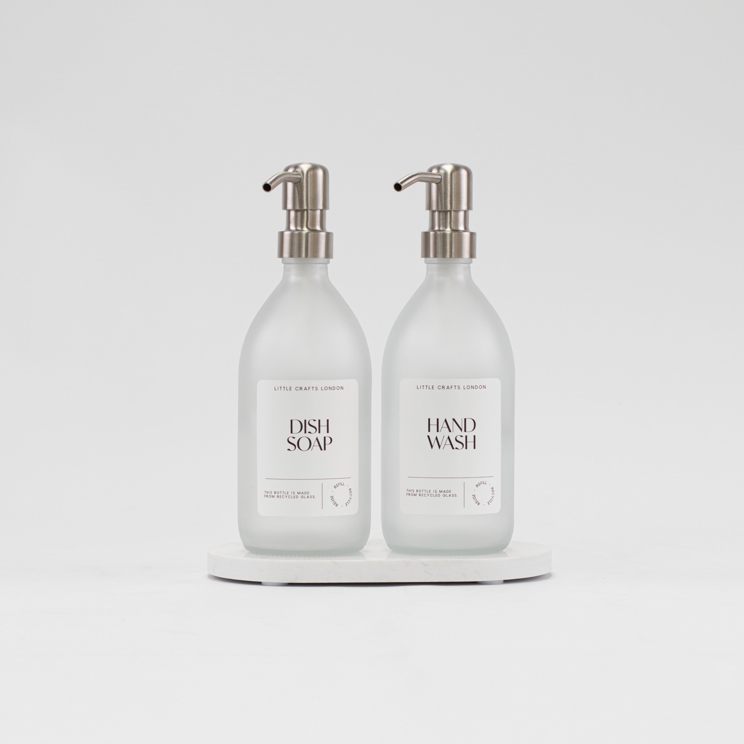 Set of 2 Frosted Clear Glass Bottle 500 ML with Stainless Steel Pump & Small Tray - Little Crafts London