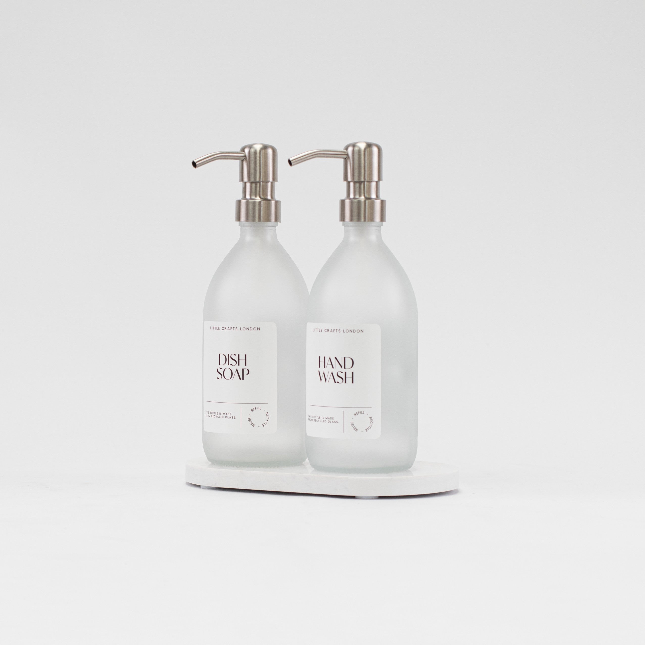 Set of 2 Frosted Clear Glass Bottle 500 ML with Stainless Steel Pump & Small Tray - Little Crafts London