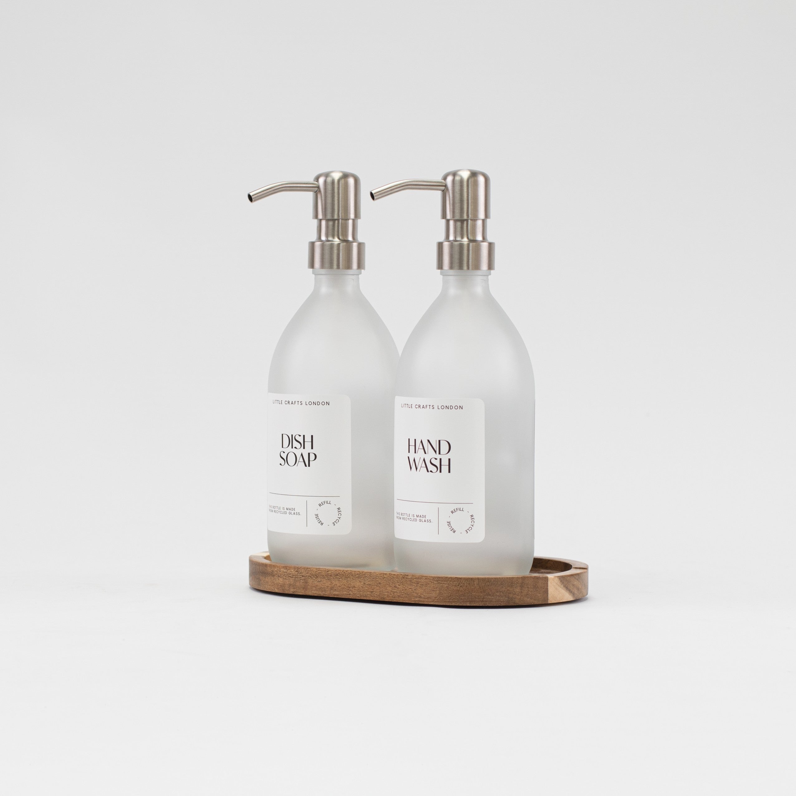 Set of 2 Frosted Clear Glass Bottle 500 ML with Stainless Steel Pump & Small Tray - Little Crafts London