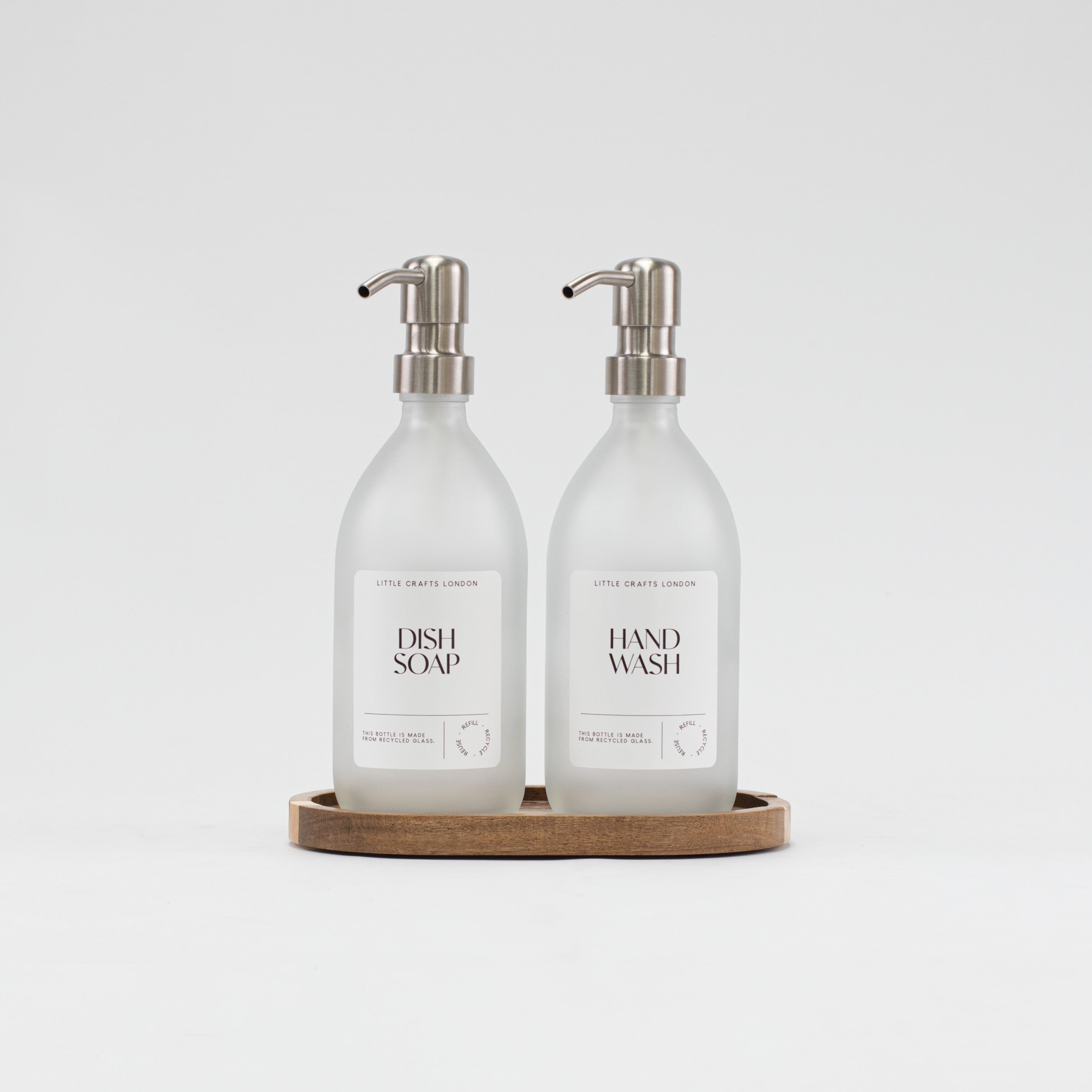 Set of 2 Frosted Clear Glass Bottle 500 ML with Stainless Steel Pump & Small Tray - Little Crafts London