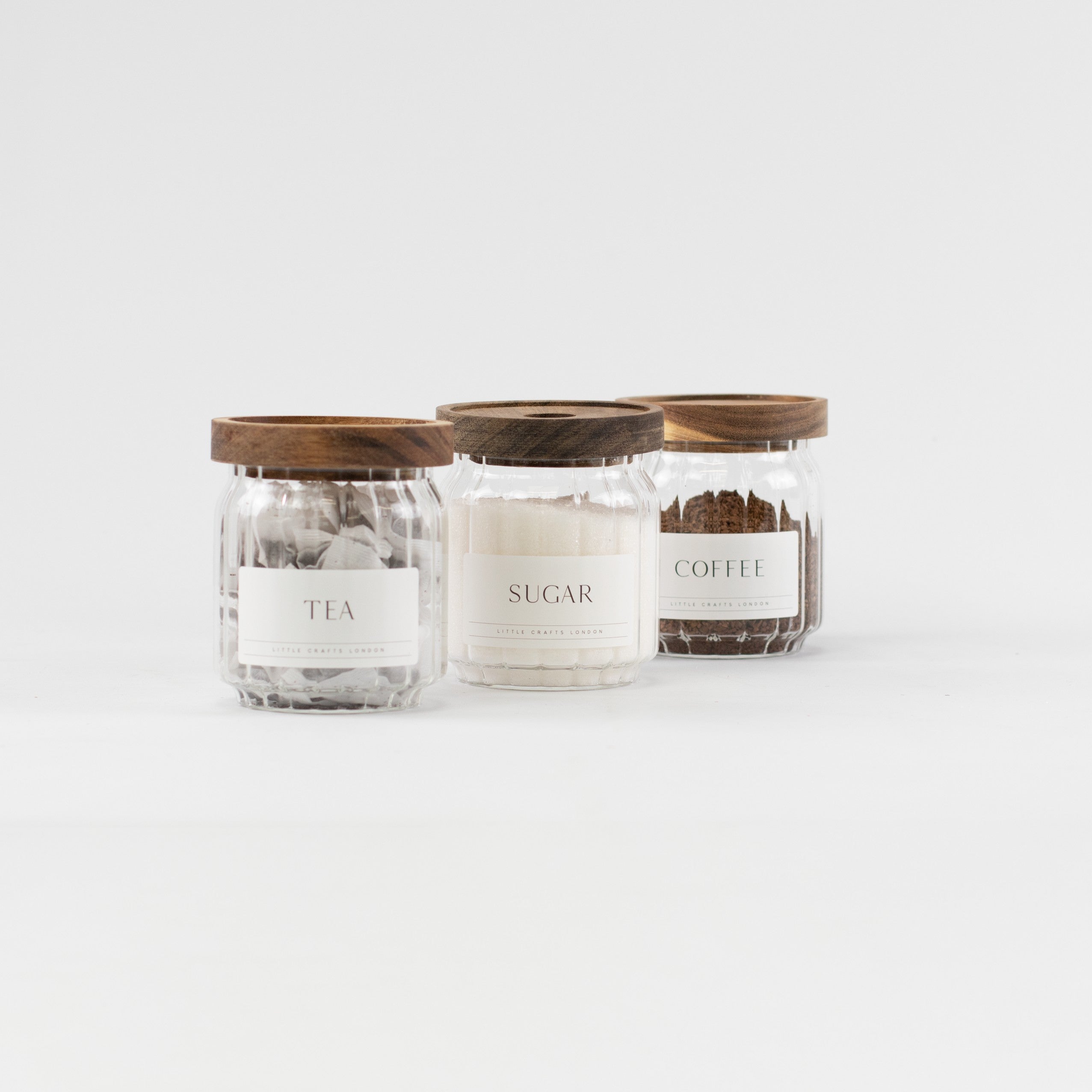 Ribbed Set of 3 Acacia Glass Jars Tea, Coffee and Sugar 450 ML