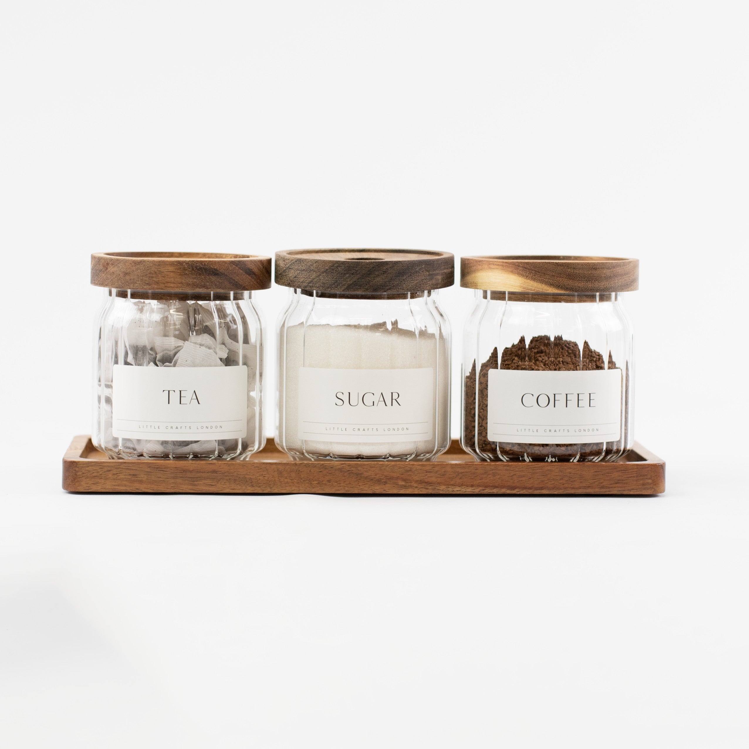 Ribbed Set of 3 Acacia Glass Jars Tea, Coffee and Sugar 450 ML & Rectangle Tray