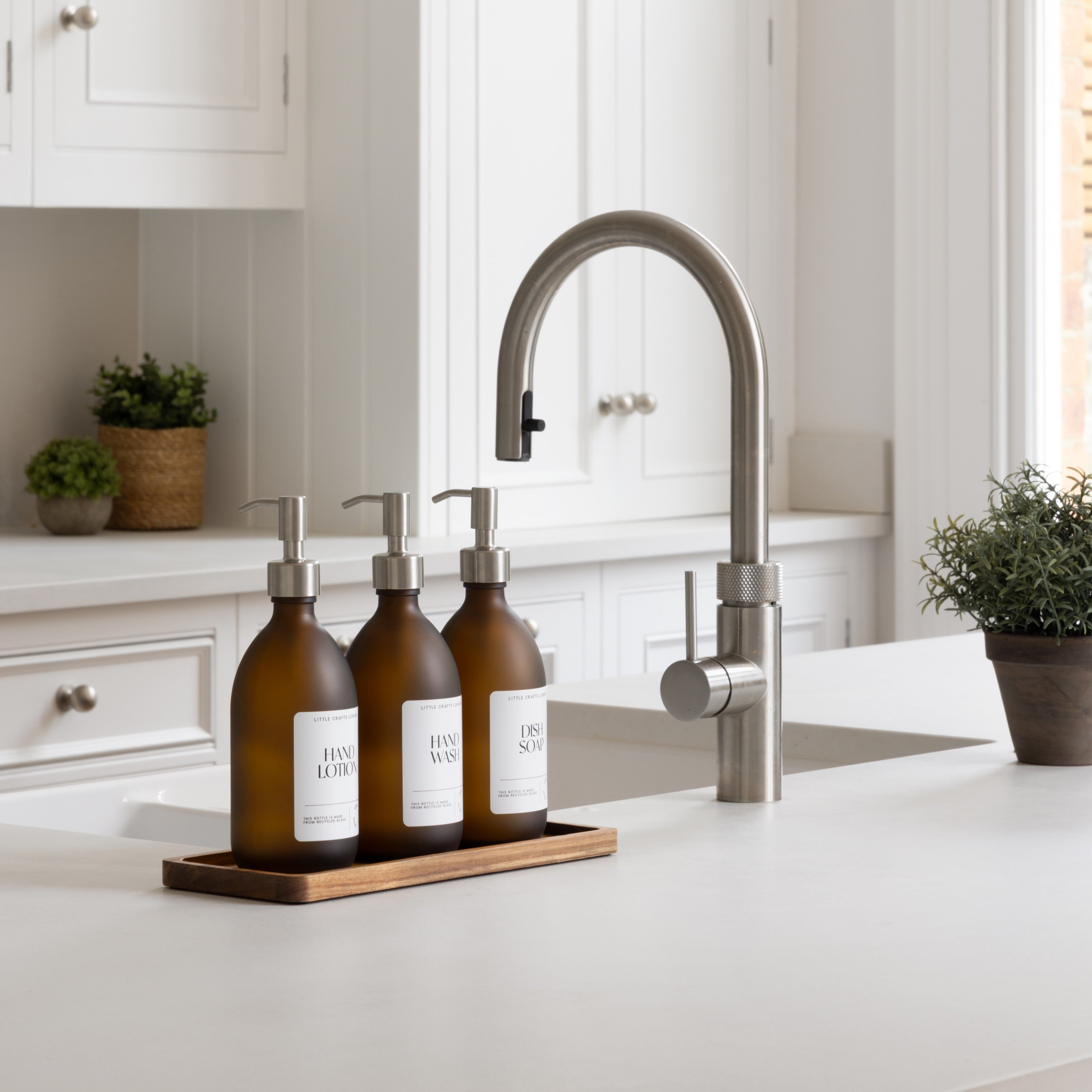 Set of 3 Reusable Frosted Amber Glass Bottles 500 ML with Stainless Steel Pump and Long Tray - Little Crafts London