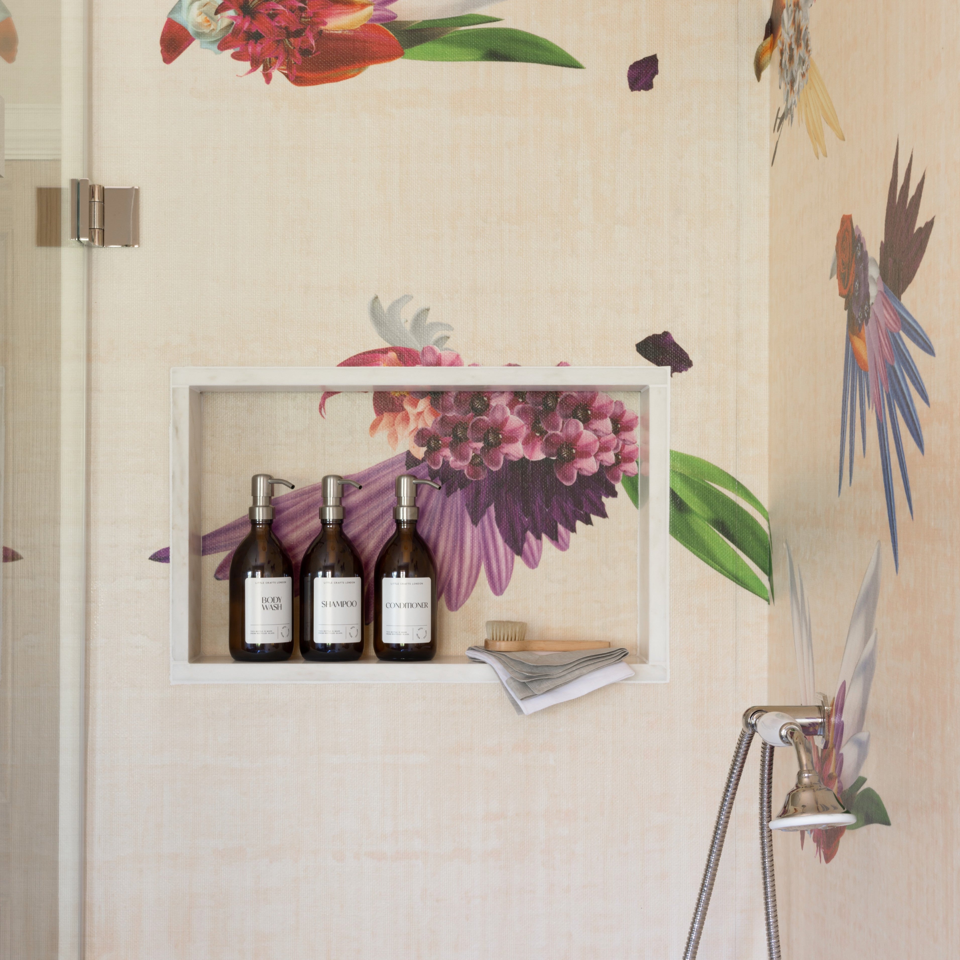 Set of 3 Bathroom Reusable Amber Glass Bottles 500 ML with Stainless Steel Pump - Little Crafts London