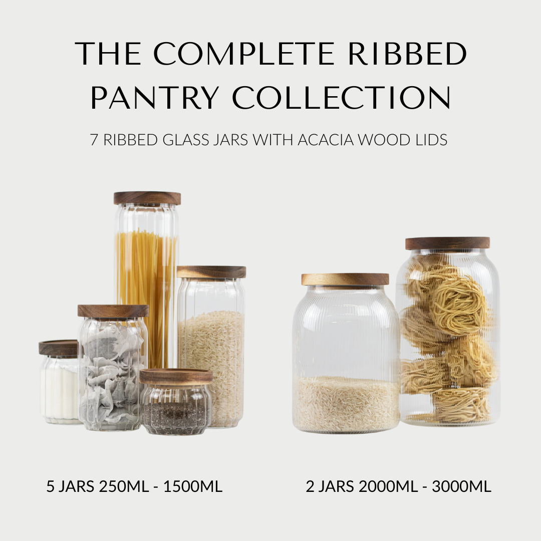The Complete Ribbed Pantry Collection – 7 Fluted Glass Jars with Acacia Wood Lids