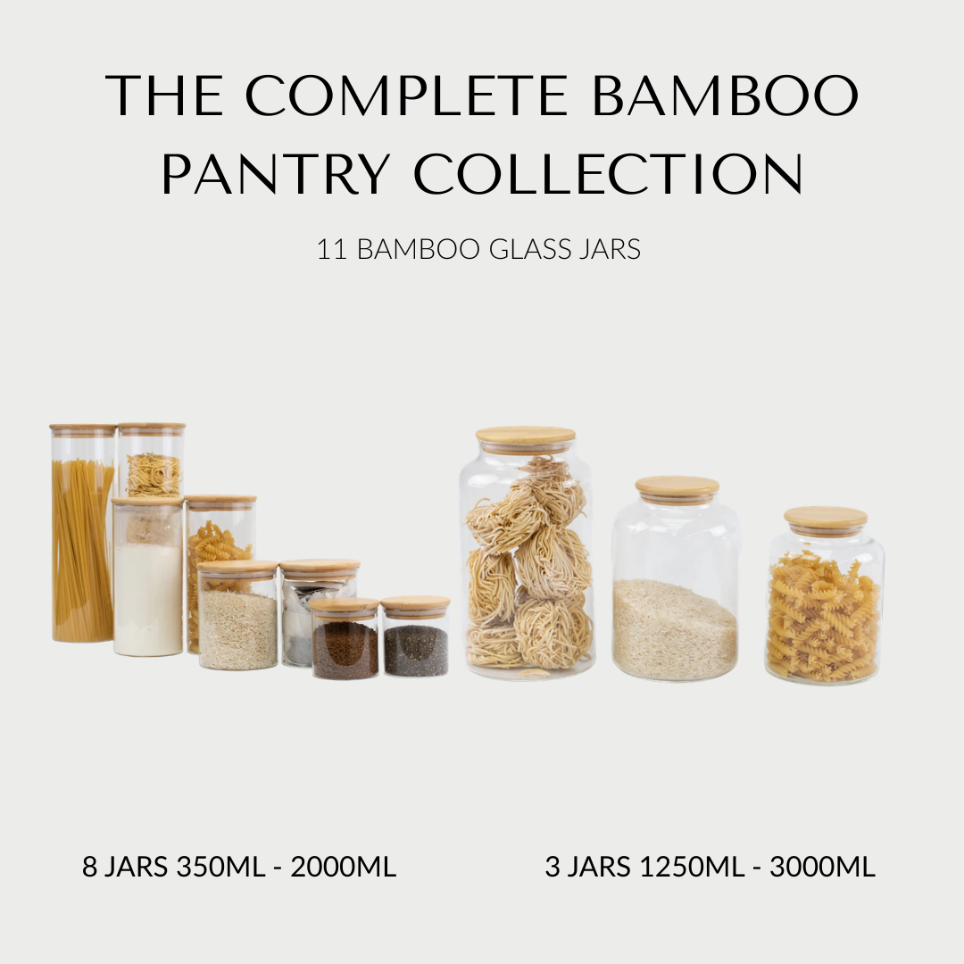 The Complete Bamboo Pantry Collection – 11 Borosilicate Glass Storage Jars with Airtight Bamboo Lids