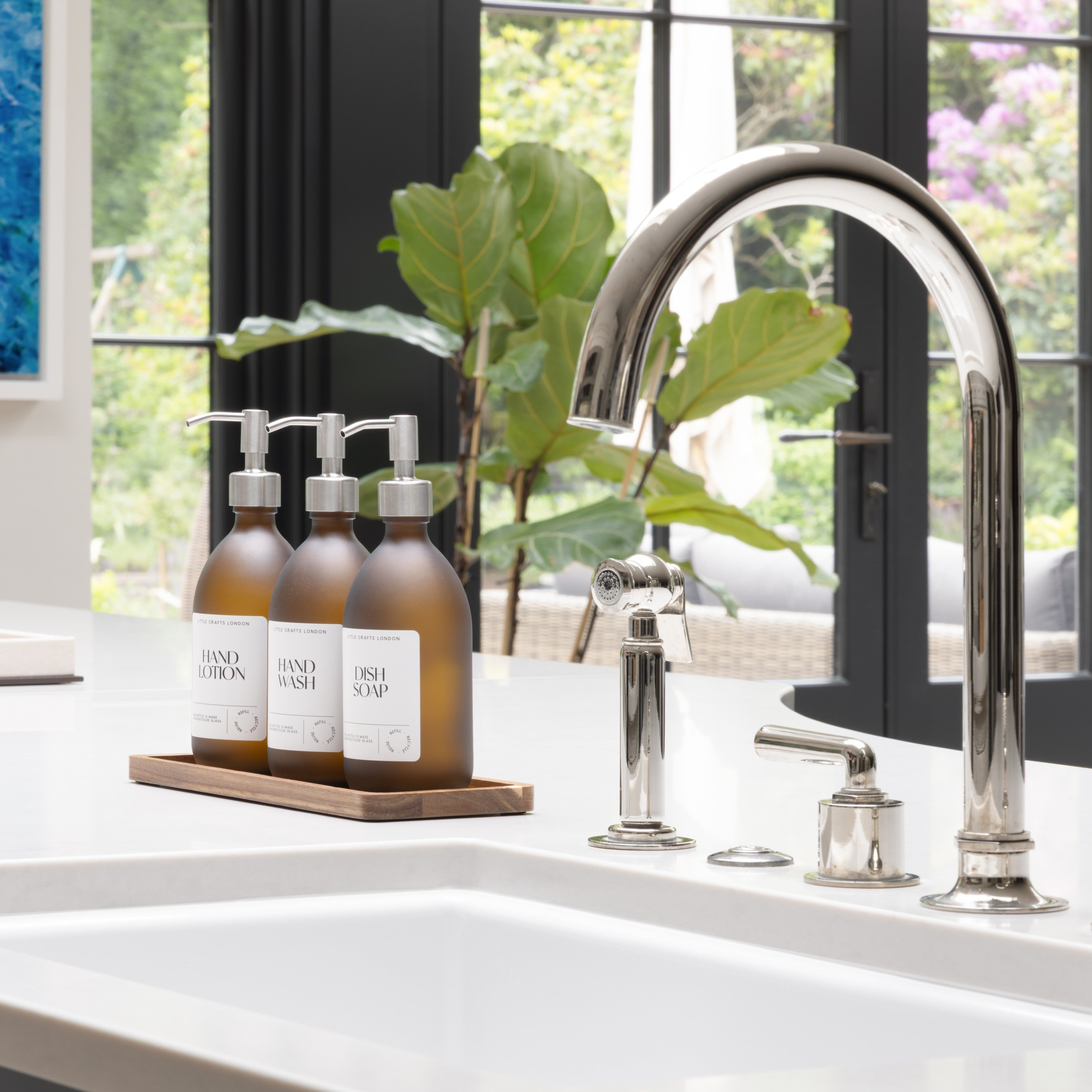 Set of 3 Reusable Frosted Amber Glass Bottles 500 ML with Stainless Steel Pump and Long Tray - Little Crafts London