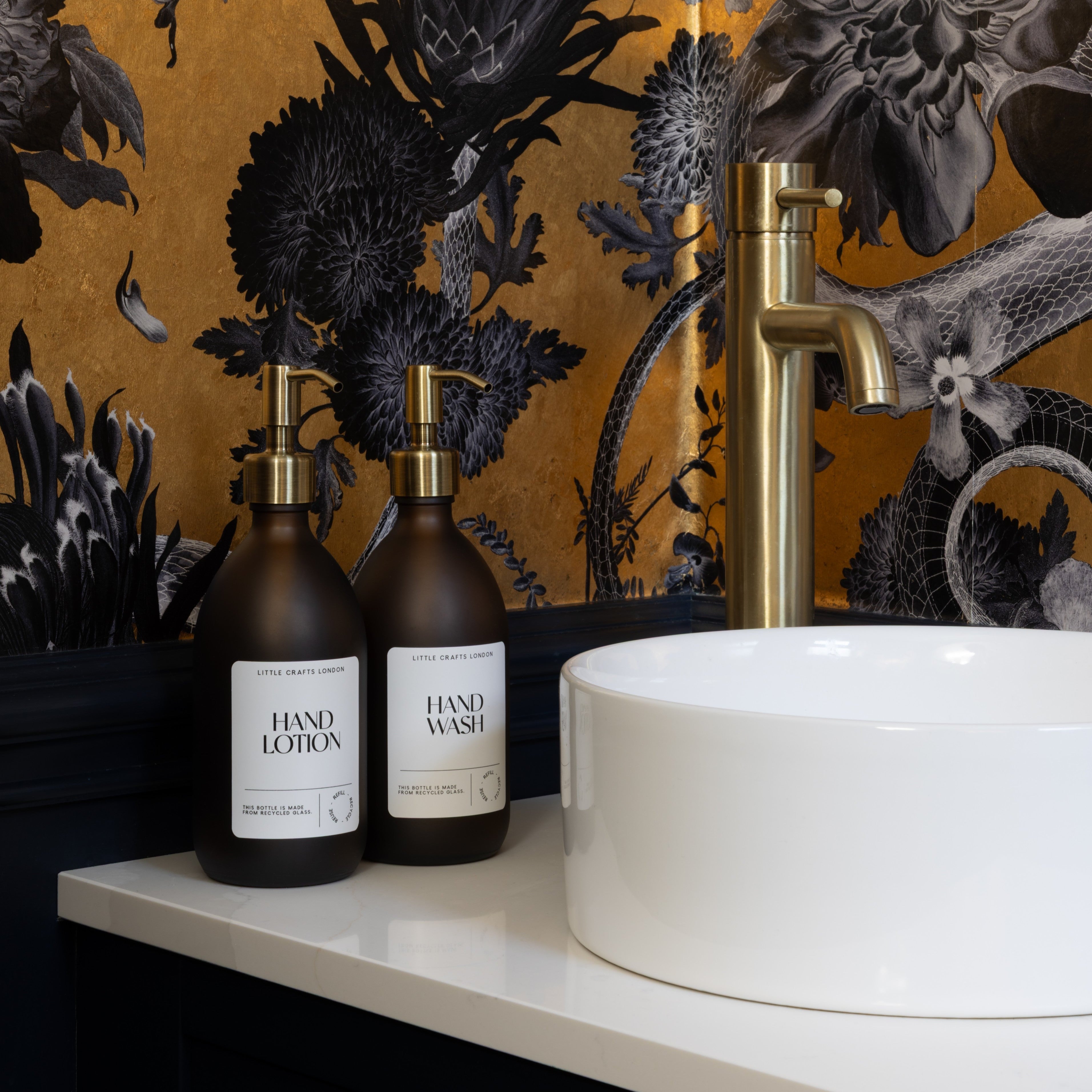 Frosted Amber 500ml Glass Bottle with Stainless Steel Pump - Little Crafts London