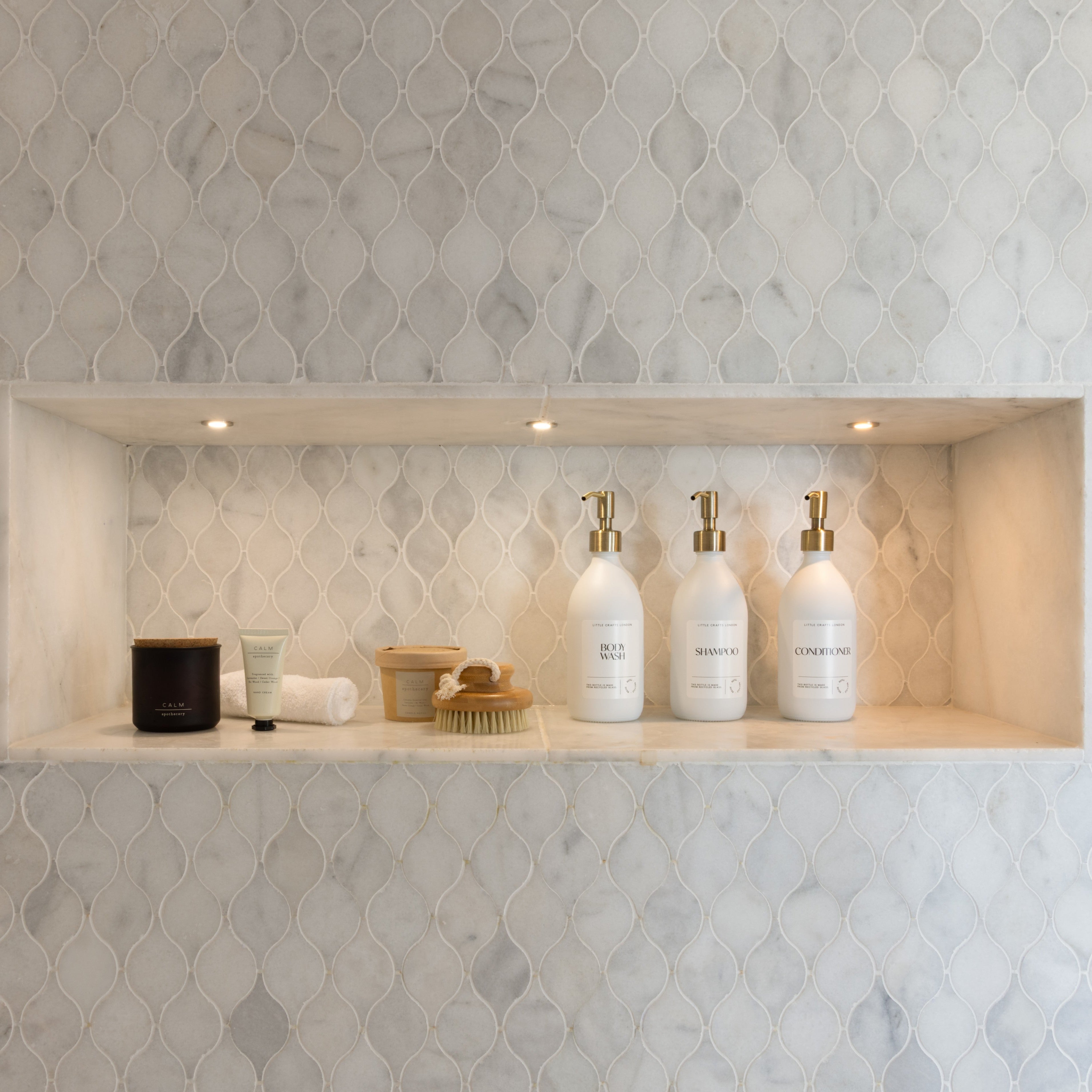 Set of 3 Bathroom Reusable Milky White Glass Bottles 500 ML with Stainless Steel Pump - Little Crafts London