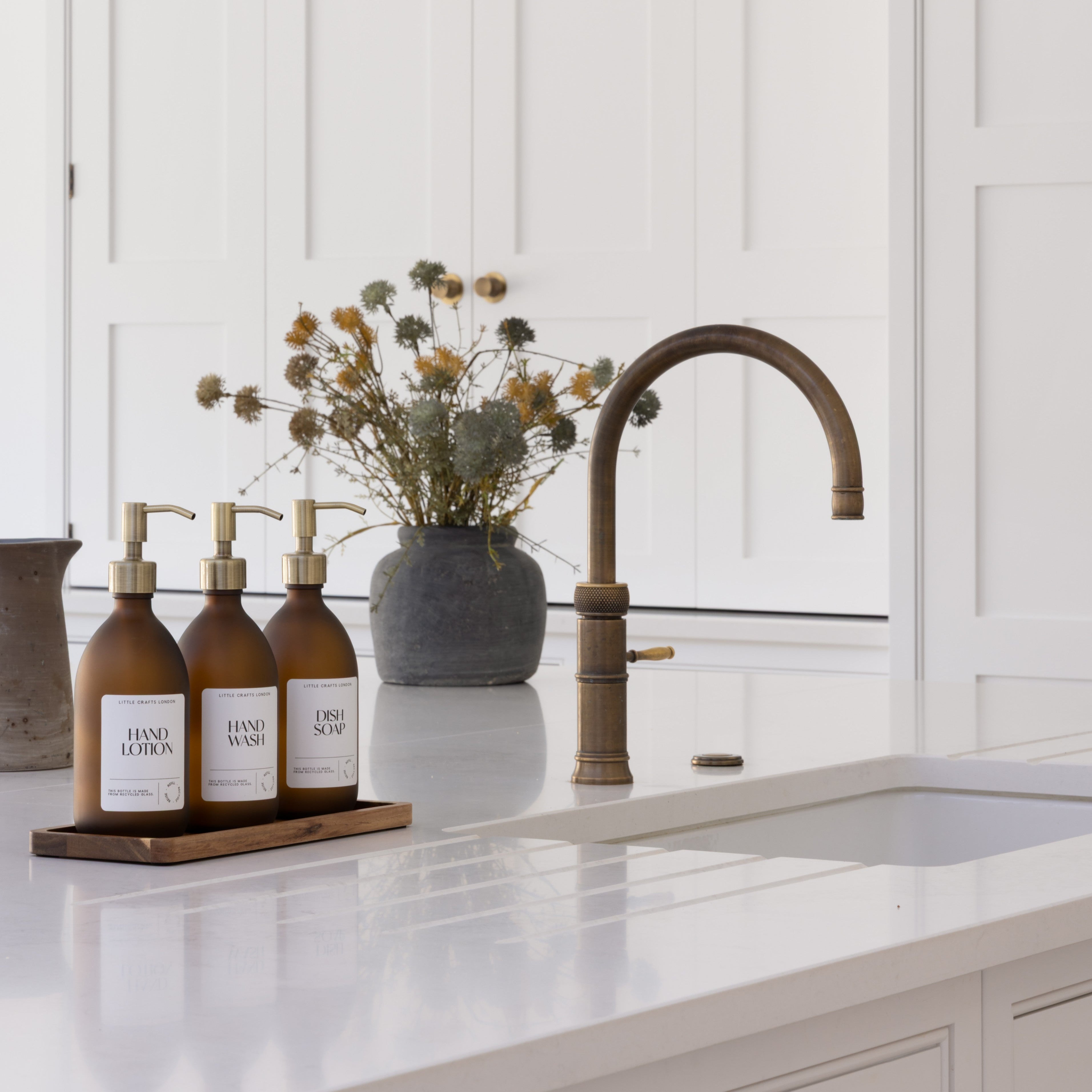 Set of 3 Reusable Frosted Amber Glass Bottles 500 ML with Stainless Steel Pump and Long Tray - Little Crafts London