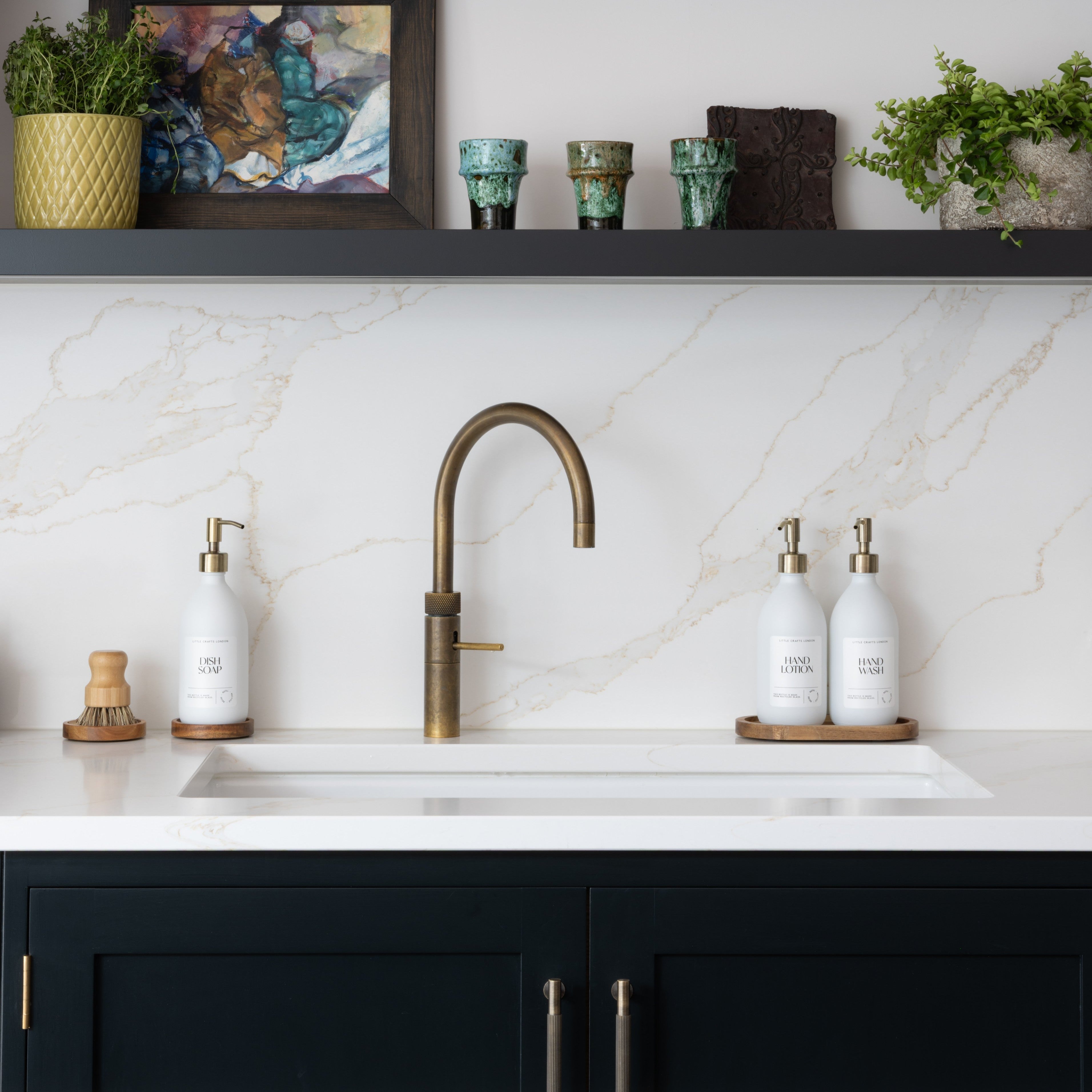 Set of 2 Milky White Glass Bottle 500 ML with Stainless Steel Pump & Small Tray (White Label) - Little Crafts London