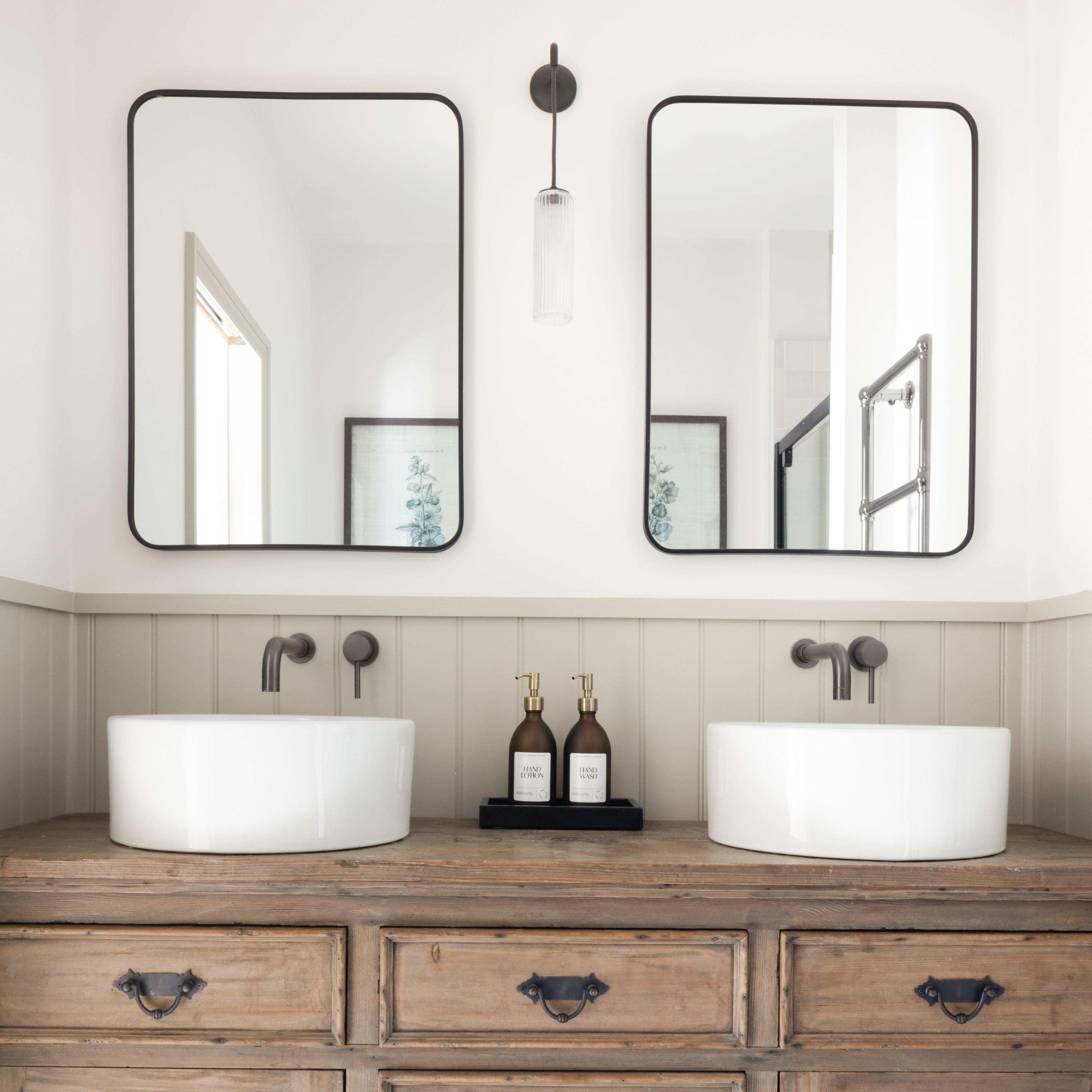 Set of 2 Frosted Amber Glass Bottle 500 ML with Stainless Steel Pump & Small Tray White Label - Little Crafts London