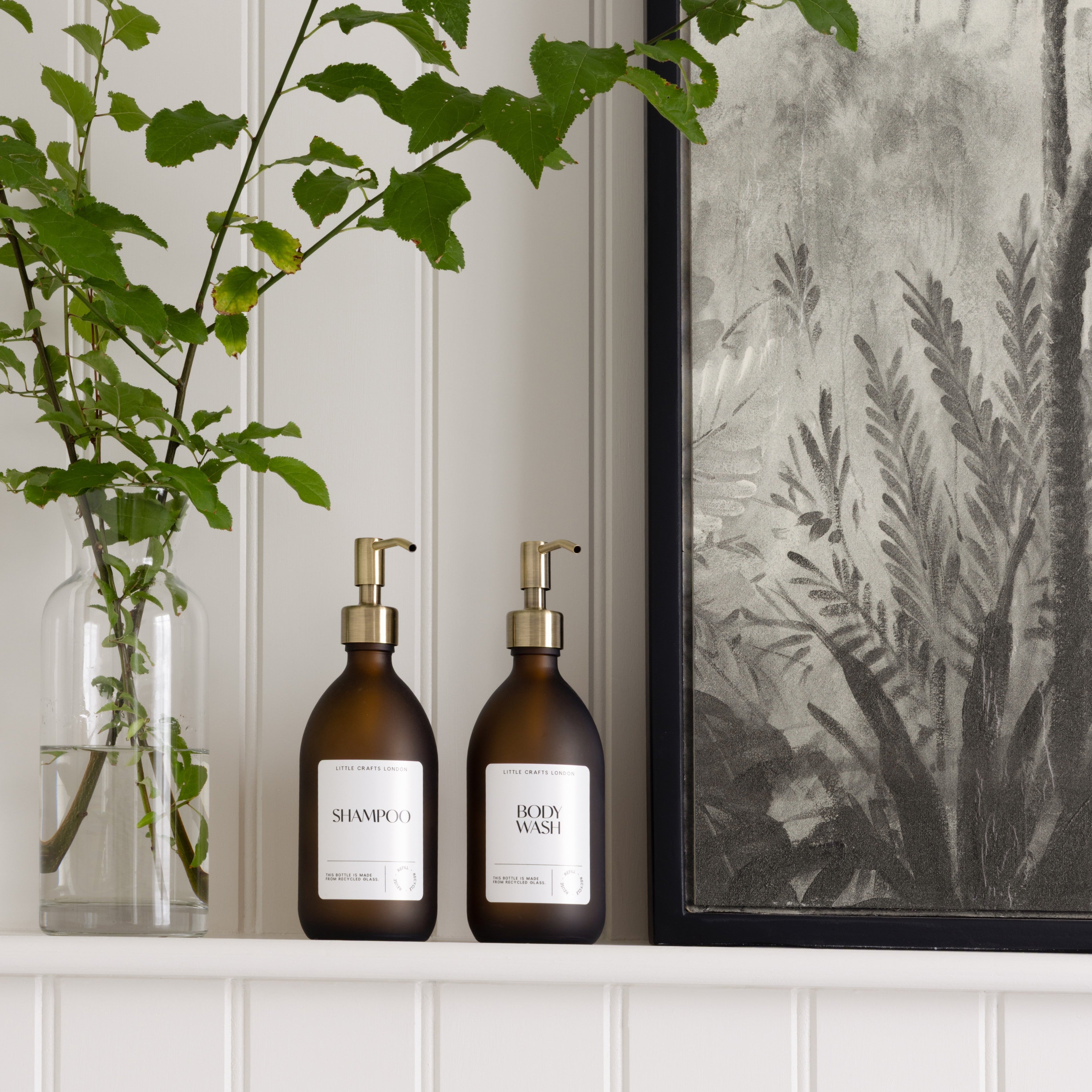 Frosted Amber 500ml Glass Bottle with Stainless Steel Pump - Little Crafts London