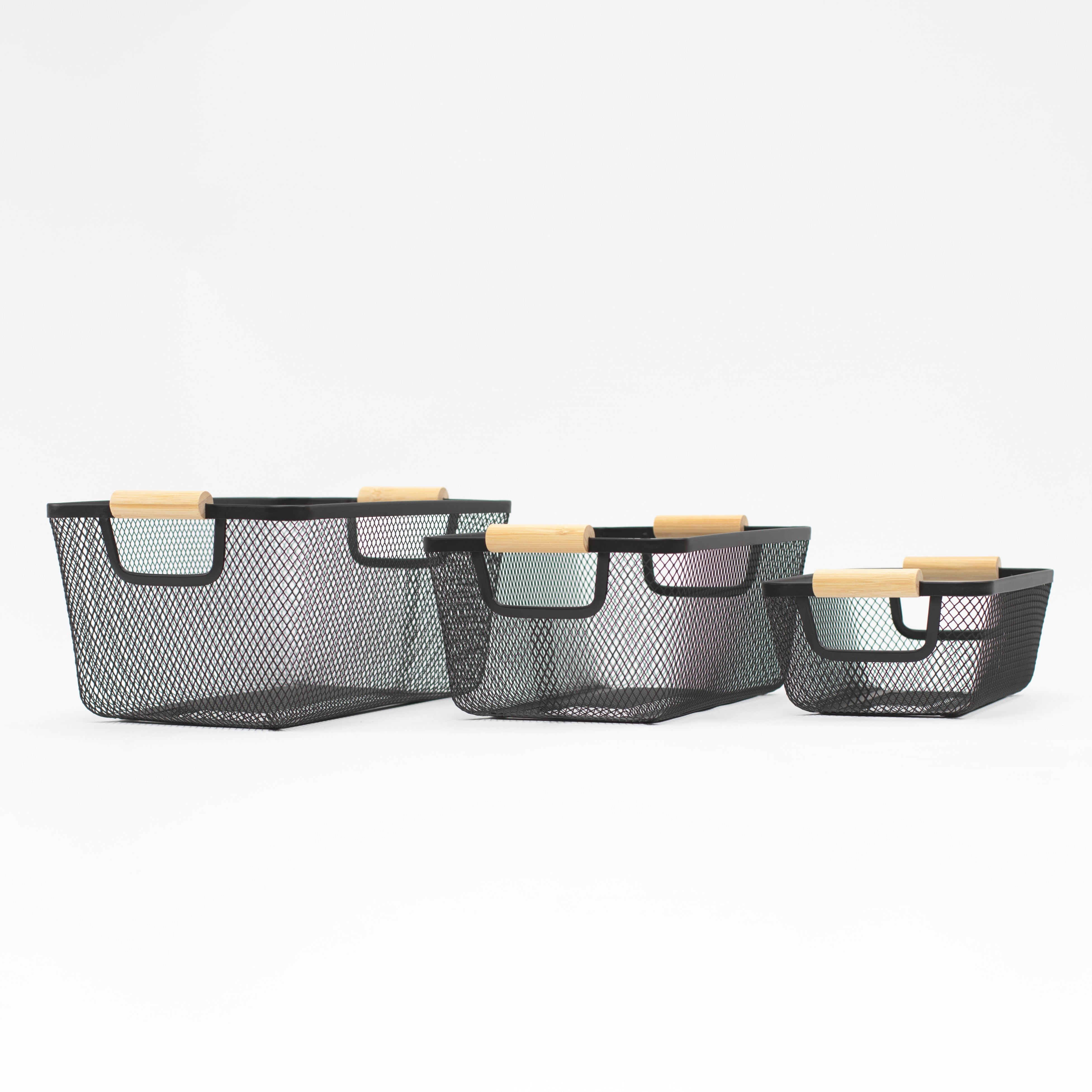 Set of 3 Metal Wire Basket with Bamboo Handles - Little Crafts London