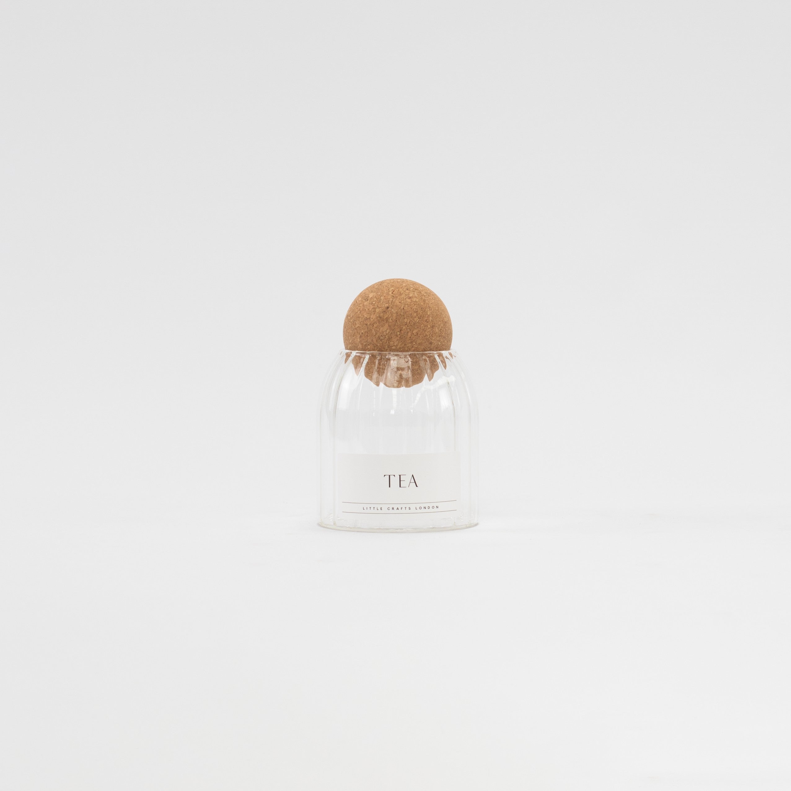 Set of 3 Cork Ball Glass Jars - Tea, Coffee and Sugar 500ml - Ribbed Cork Ball - Little Crafts London