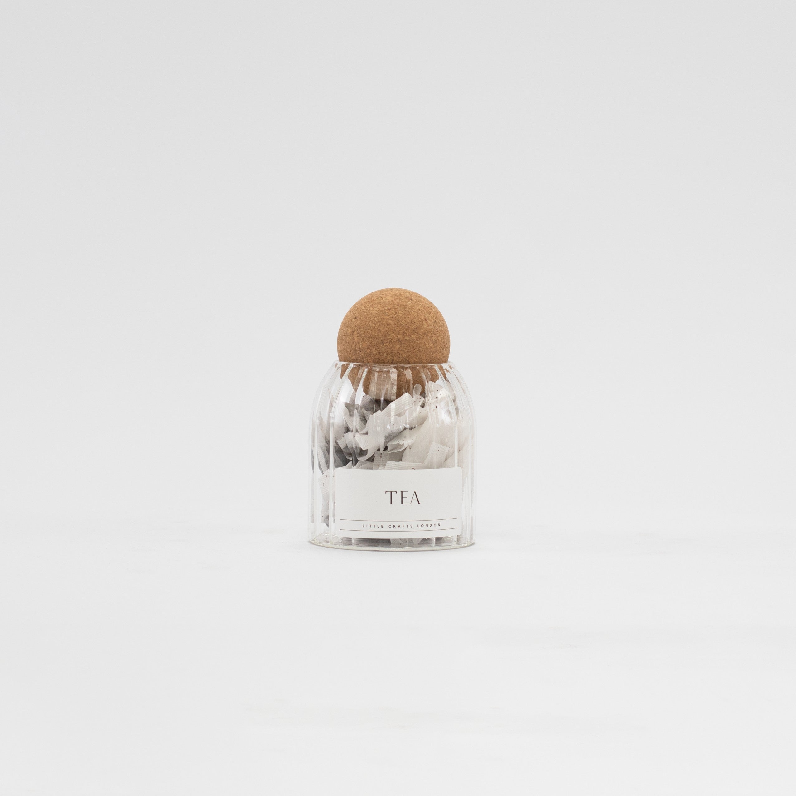 Set of 3 Cork Ball Glass Jars - Tea, Coffee and Sugar 500ml - Ribbed Cork Ball - Little Crafts London