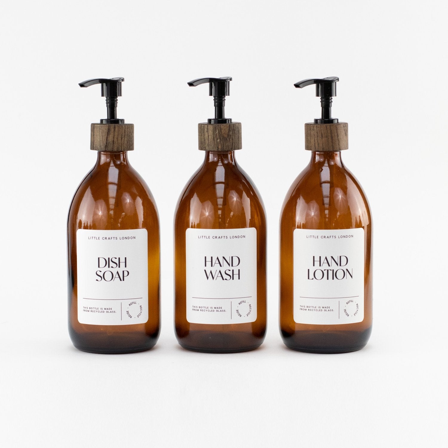 500ml Amber Glass Bottle with Dark Wood Pump (White Label) - Little Crafts London