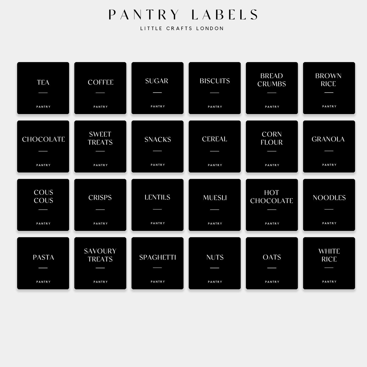 Black Waterproof Pantry Labels 6 CM x 6 CM (24 Labels) - Little Crafts London