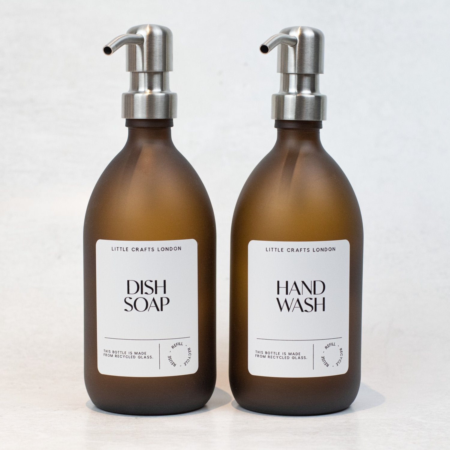 Frosted Amber 500ml Glass Bottle with Stainless Steel Pump - Little Crafts London