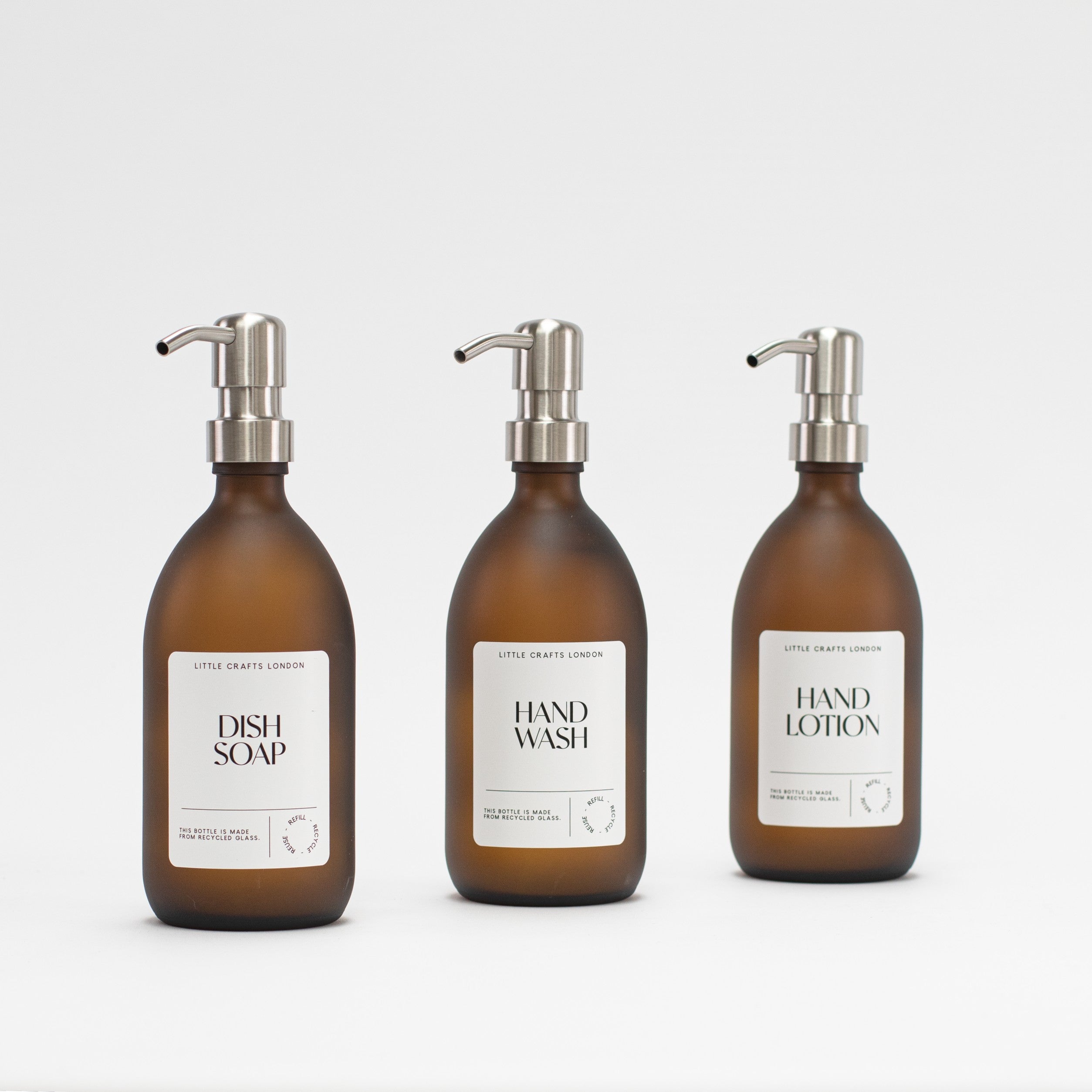 Frosted Amber 500ml Glass Bottle with Stainless Steel Pump - Little Crafts London