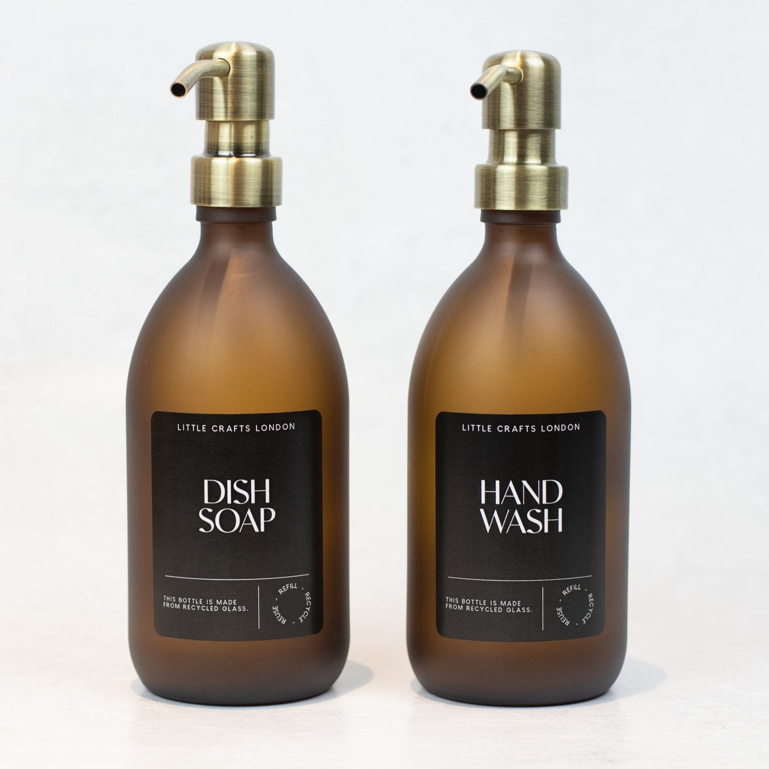 Frosted Amber 500ml Glass Bottle with Stainless Steel Pump Black Label - Little Crafts London