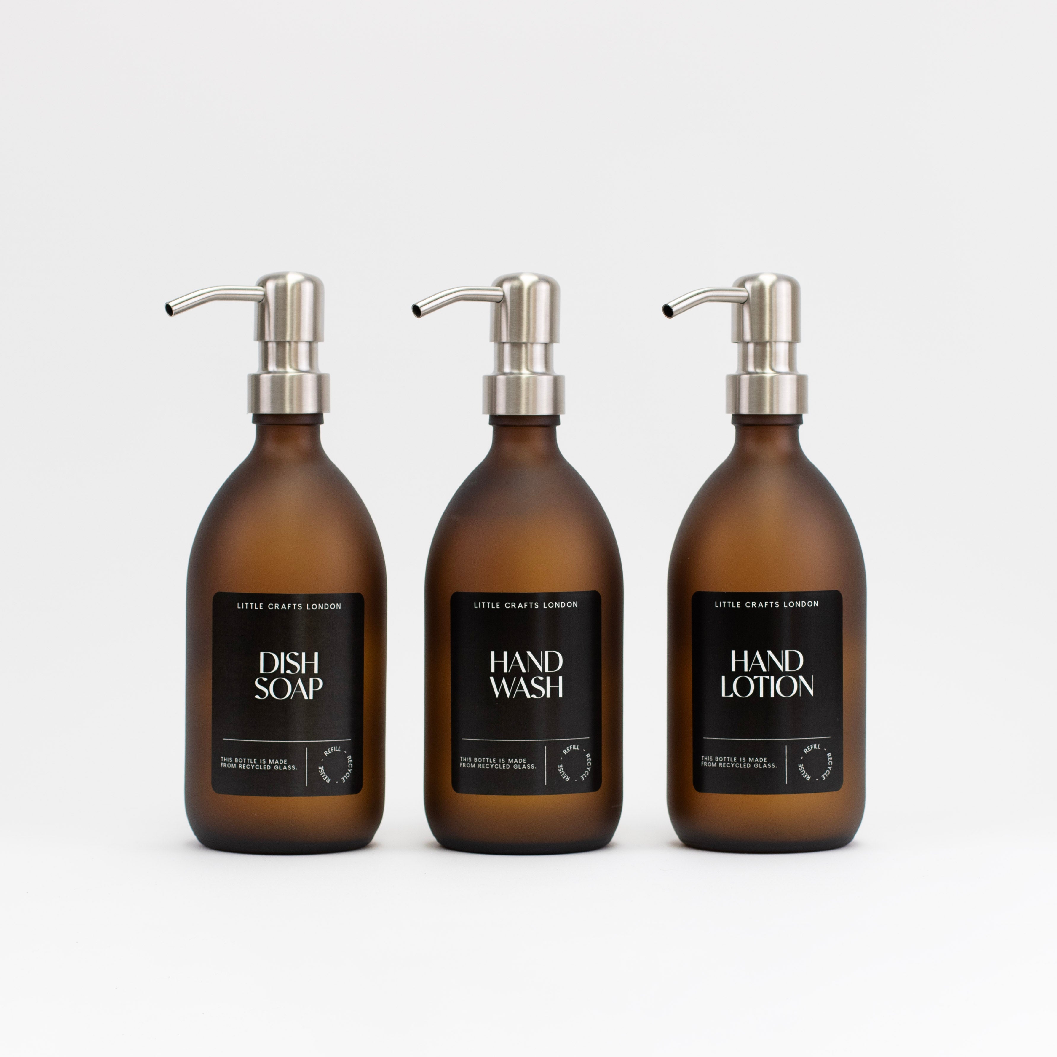 Frosted Amber 500ml Glass Bottle with Stainless Steel Pump Black Label - Little Crafts London