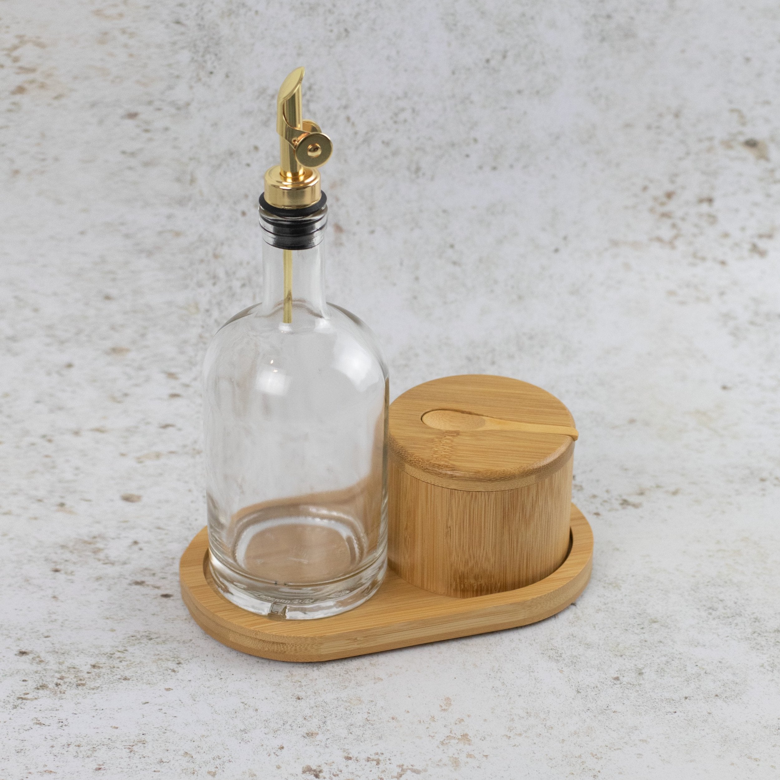 Set of 1 Round Glass Oil Bottle 500 ML, Spice Pot & Oval Tray - Little Crafts London