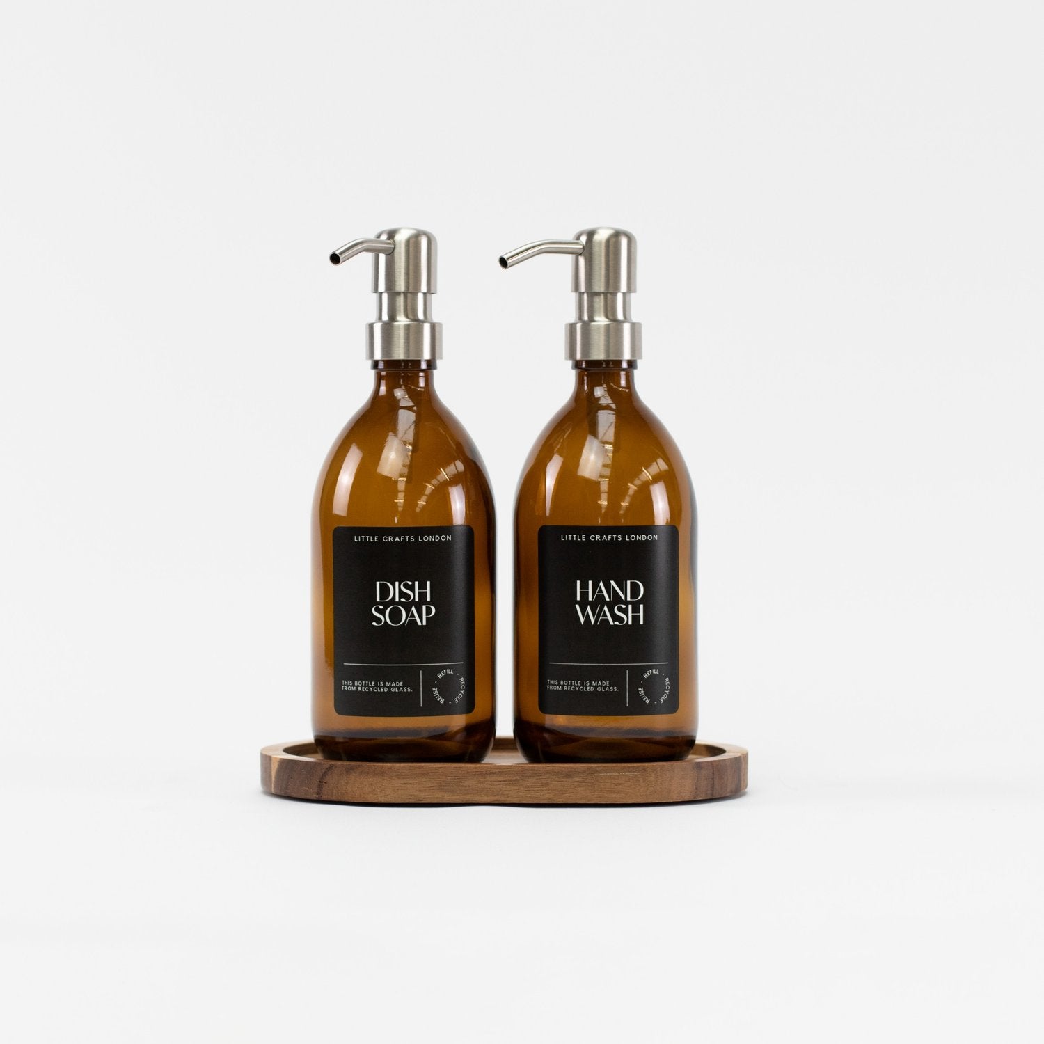 Set of 2 Amber Glass Bottle 500 ML with Stainless Steel Pump & Oval Tray (Black Label) - Little Crafts London