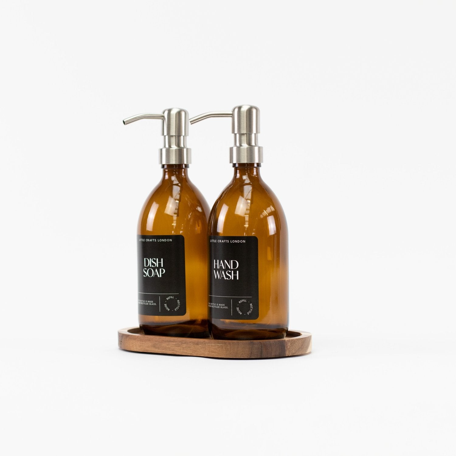 Set of 2 Amber Glass Bottle 500 ML with Stainless Steel Pump & Oval Tray (Black Label) - Little Crafts London