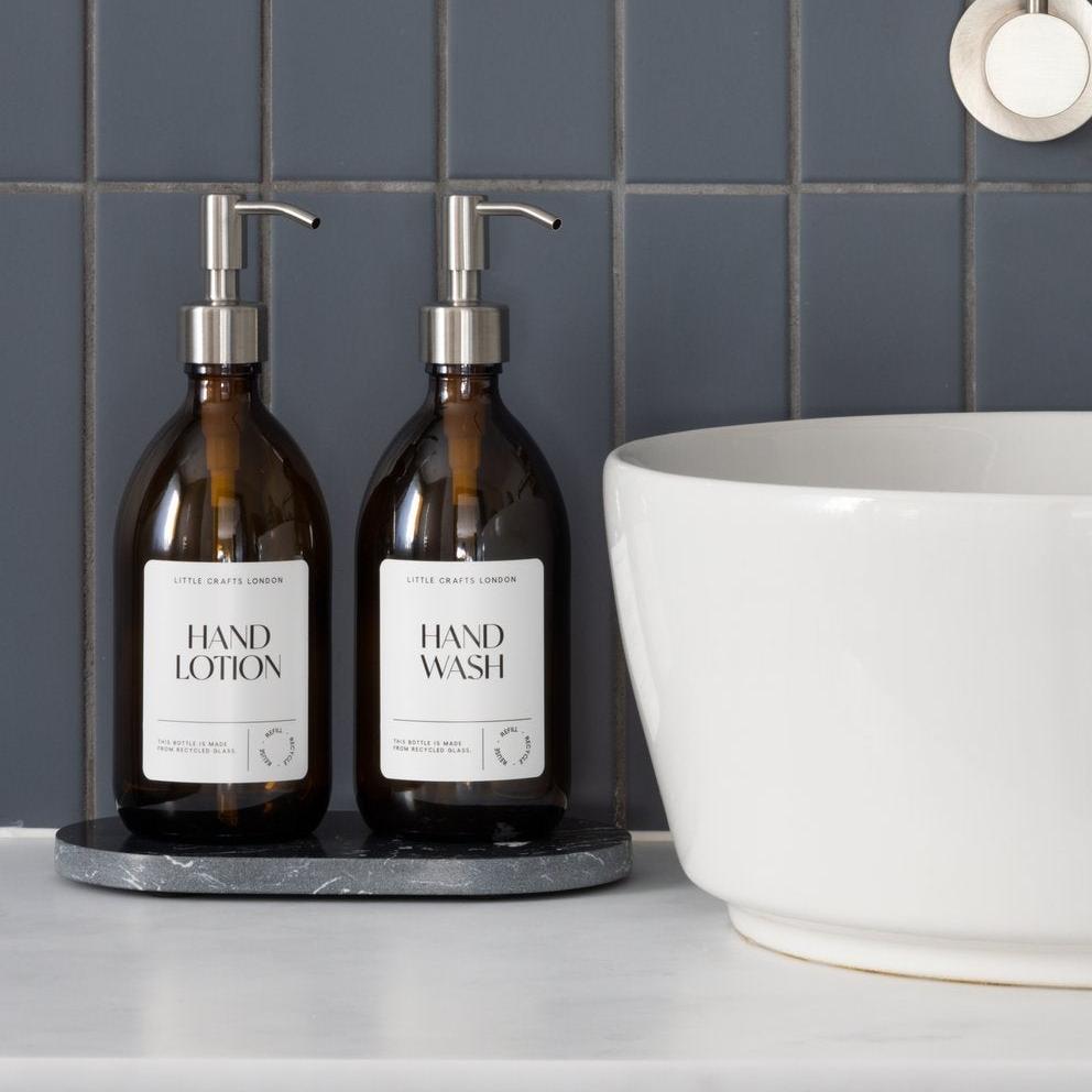 Set of 2 Amber Glass Bottle 500 ML with Stainless Steel Pump & Small Tray - Little Crafts London