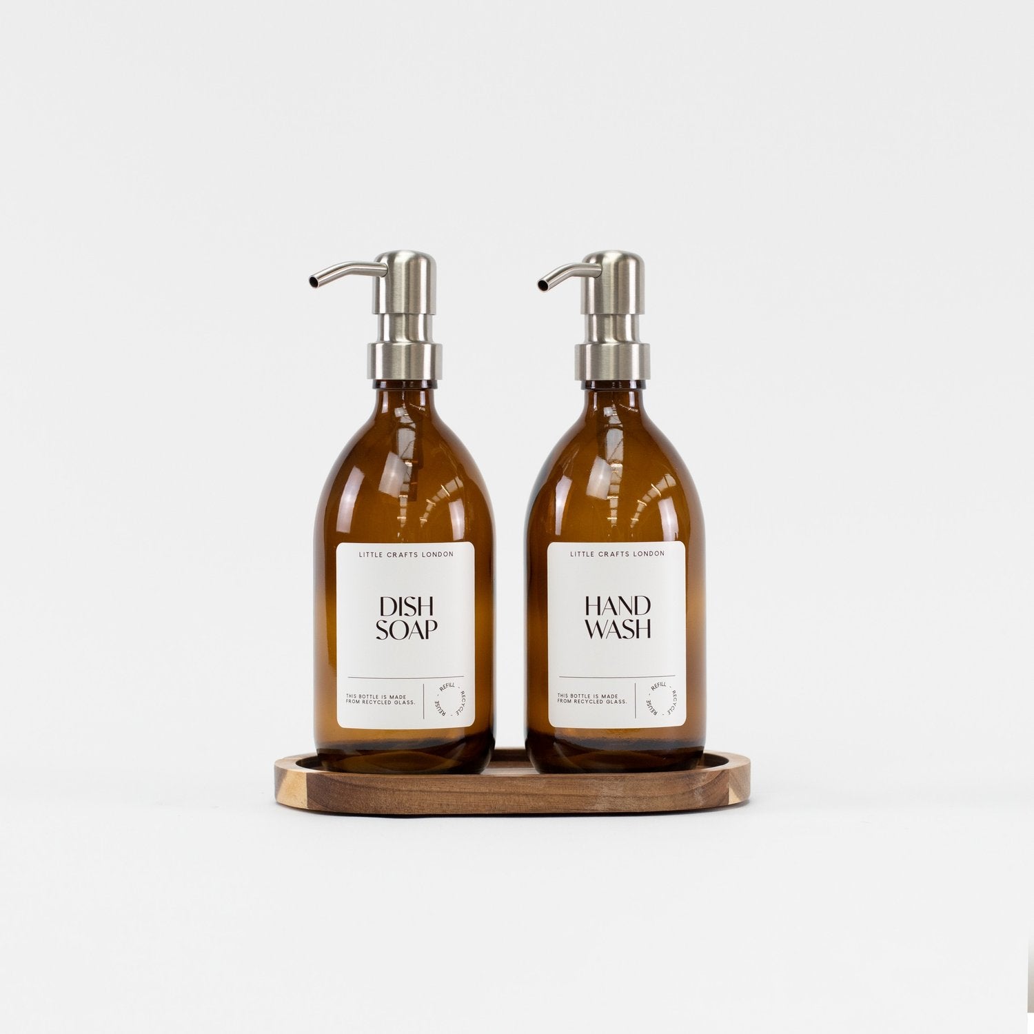 Set of 2 Amber Glass Bottle 500 ML with Stainless Steel Pump & Small Tray - Little Crafts London