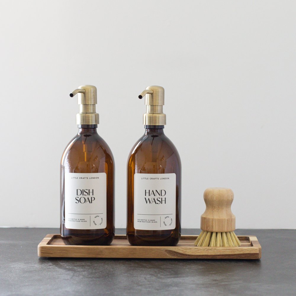 Set of 2 Amber Glass Bottles 500 ML Long tray & Dish Brush - Little Crafts London