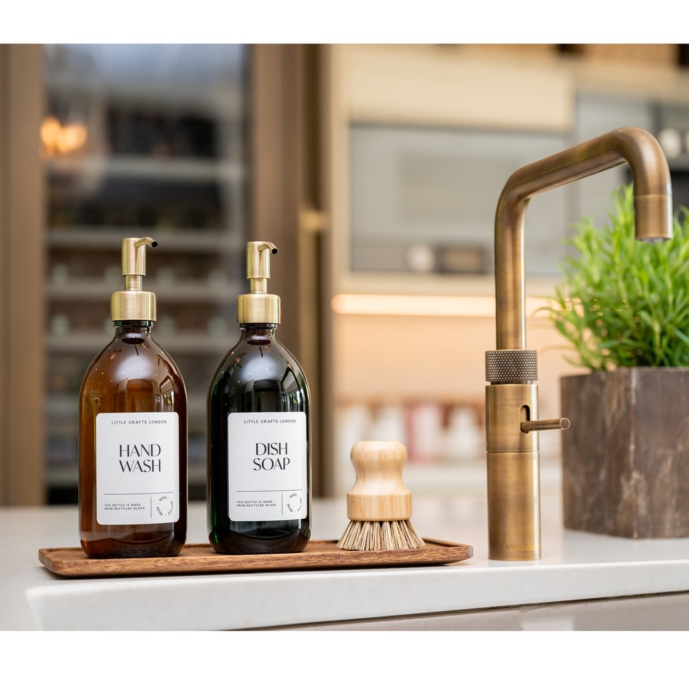 Set of 2 Amber Glass Bottles 500 ML Long tray & Dish Brush - Little Crafts London